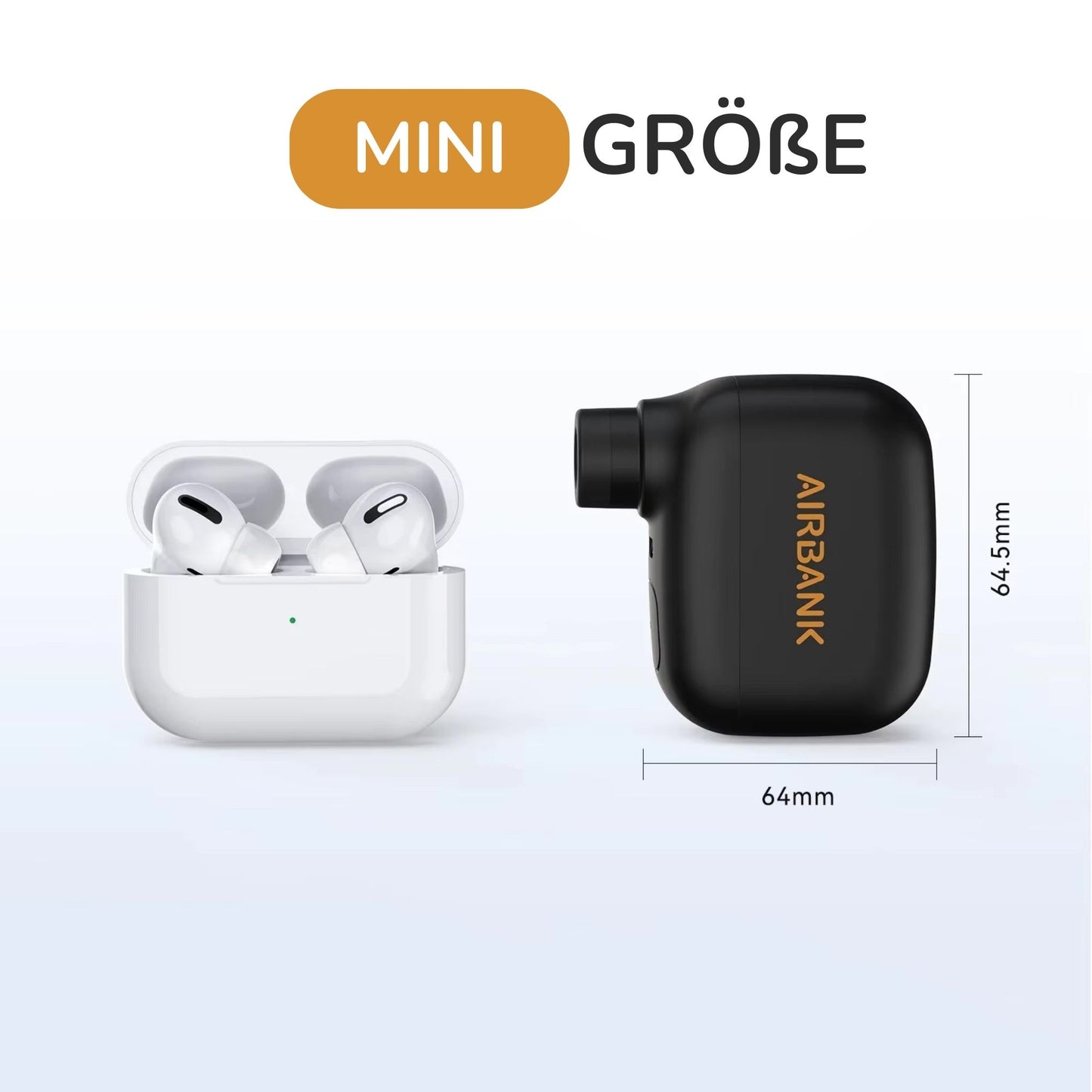 Airbank Mini-Luftpumpe: Extrem kompakt, minimales Packmaß, so klein wie AirPods Pro.