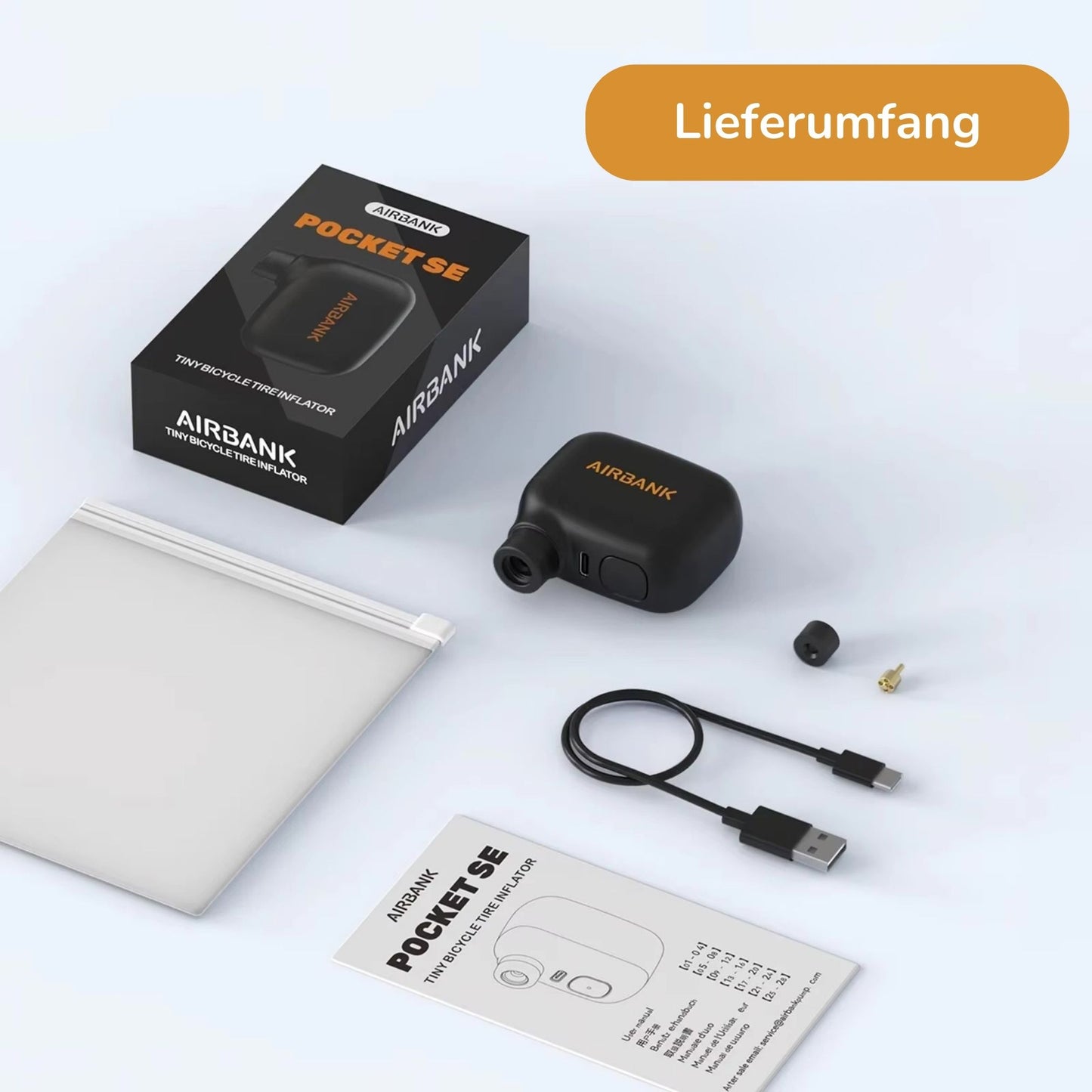 Airbank Mini-Luftpumpe: Lieferumfang mit Pumpe, Ladekabel, Ventilaufsatz und Anleitung.