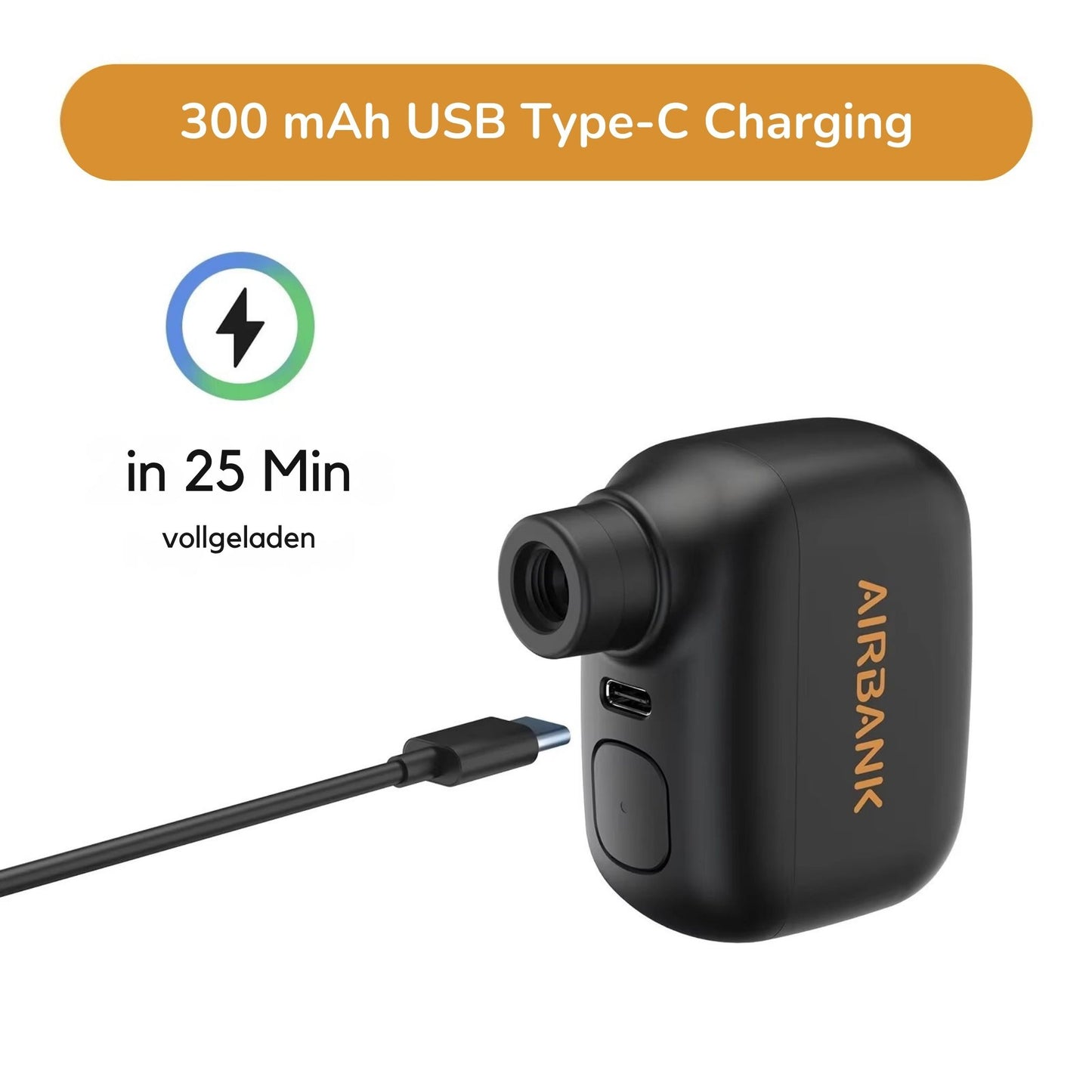 Airbank Mini-Luftpumpe: Schnelles Aufladen über USB-C in nur 25 Minuten.