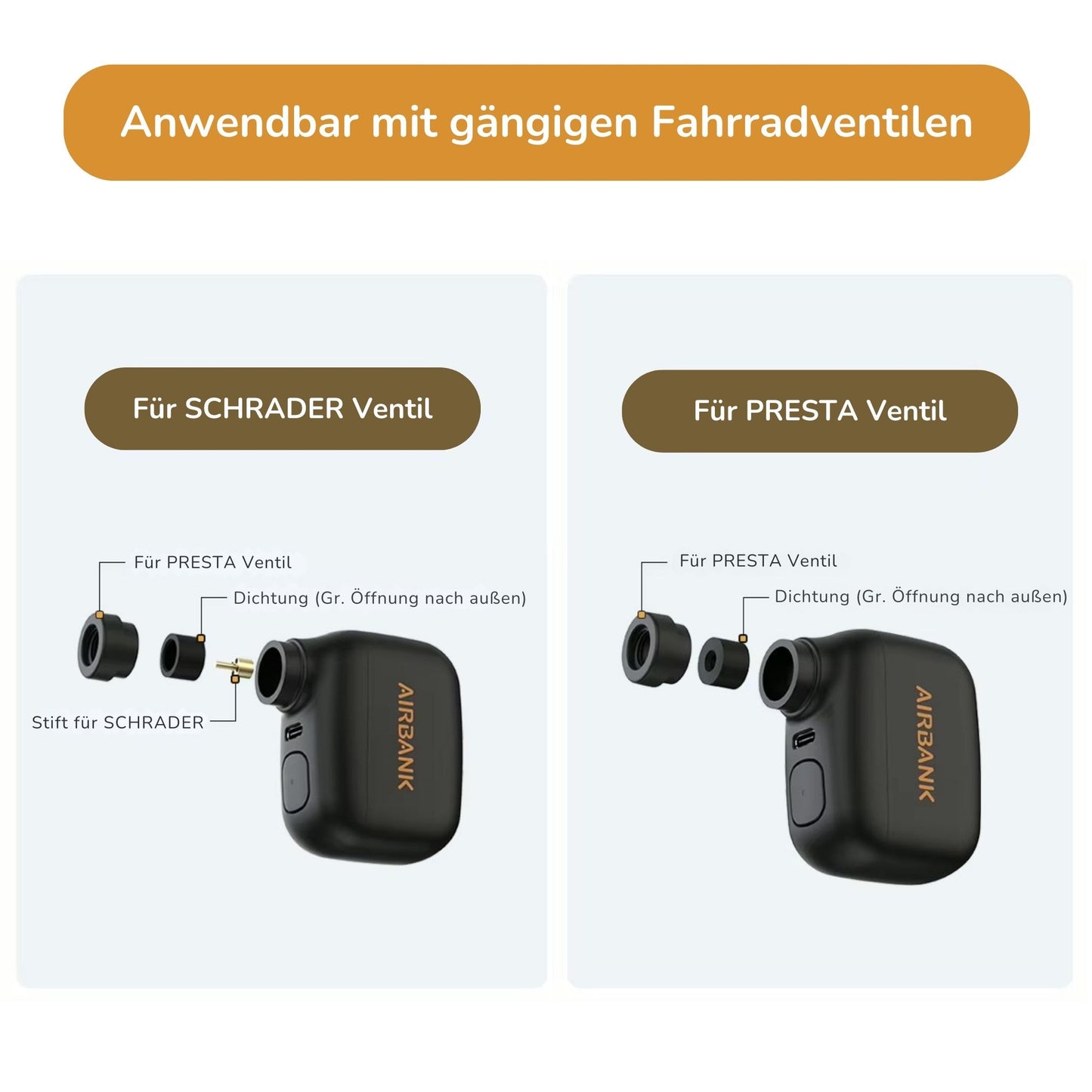 Airbank Mini-Luftpumpe: Kompatibel mit Schrader- und Presta-Ventilen. Explosionszeichnung zeigt die Einzelteile.