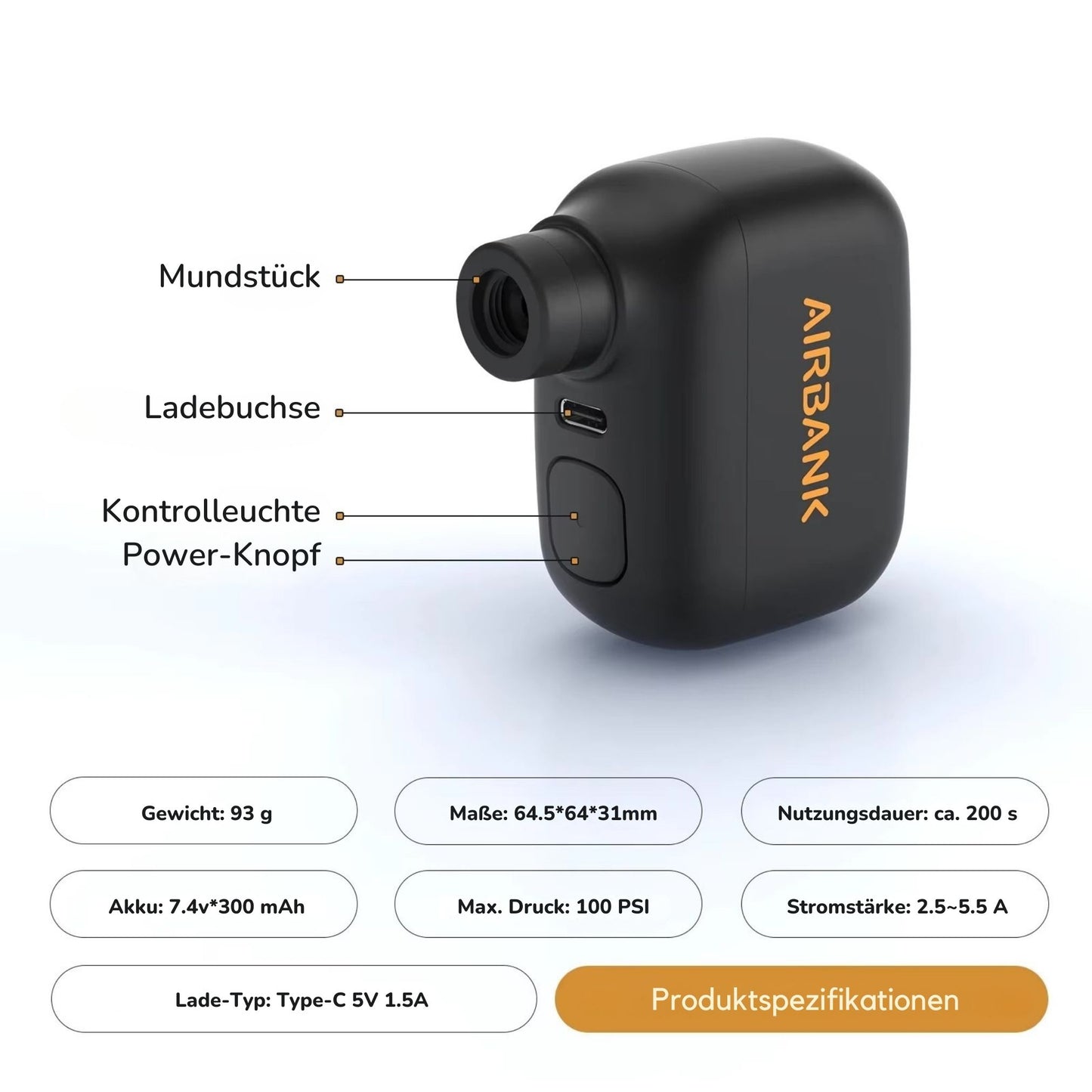 Airbank Mini-Luftpumpe: Übersicht der technischen Details und Funktionen.
