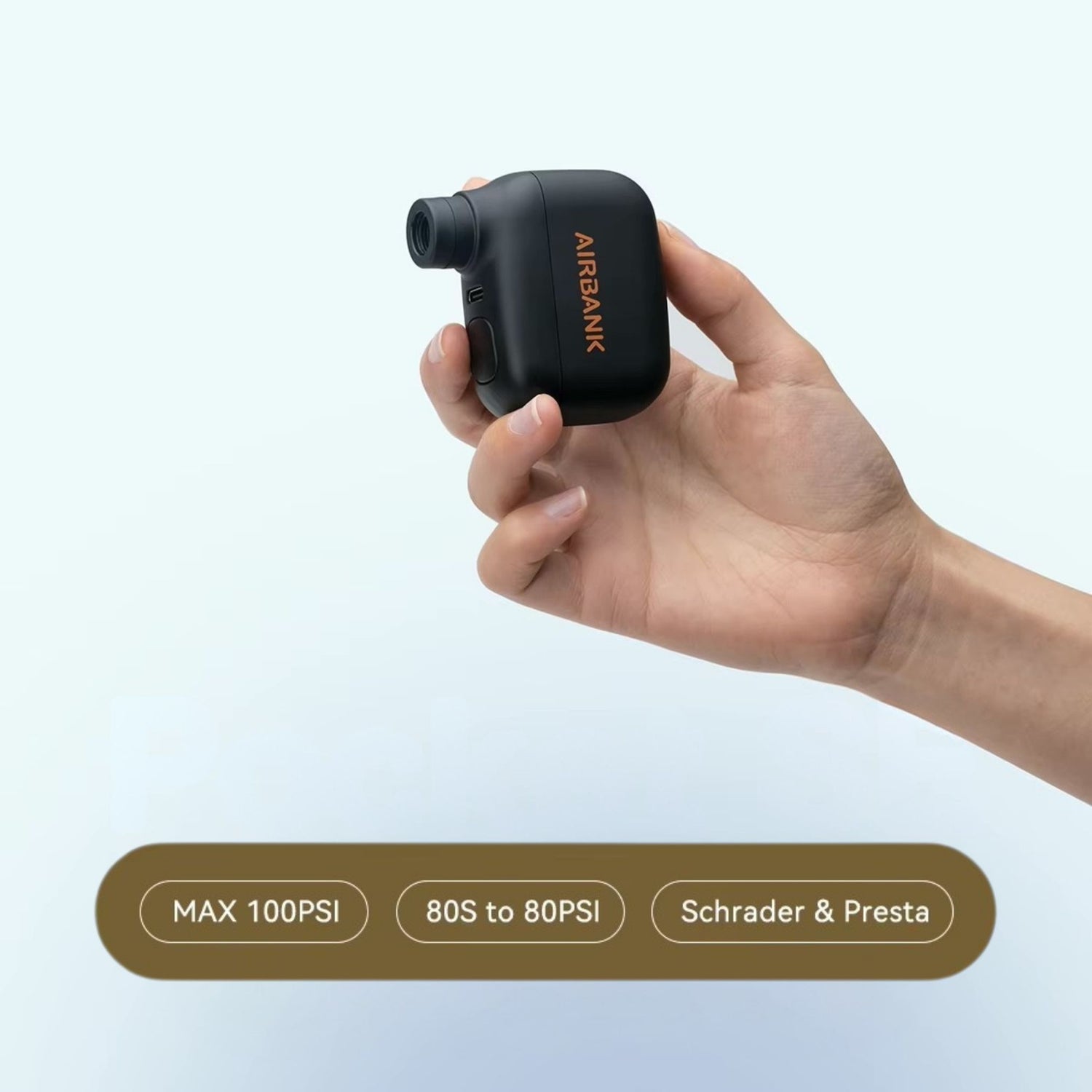 Leistungsstark & effizient: Airbank Mini-Luftpumpe liefert bis zu 100 PSI und ist kompatibel mit Schrader- & Presta-Ventilen.