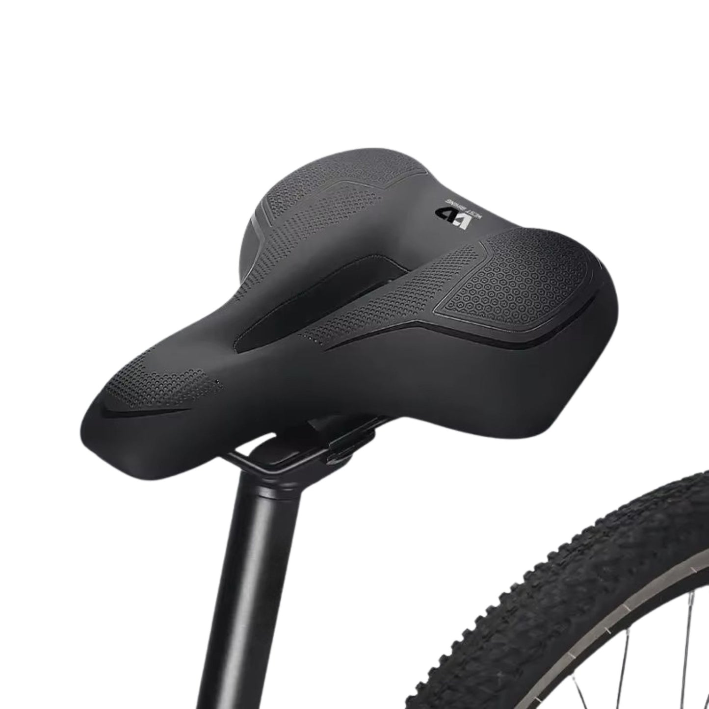 Fahrradsattel Deluxe Komfort, montiert auf einem Fahrrad, freigestellt. Zeigt den Sattel in Aktion.