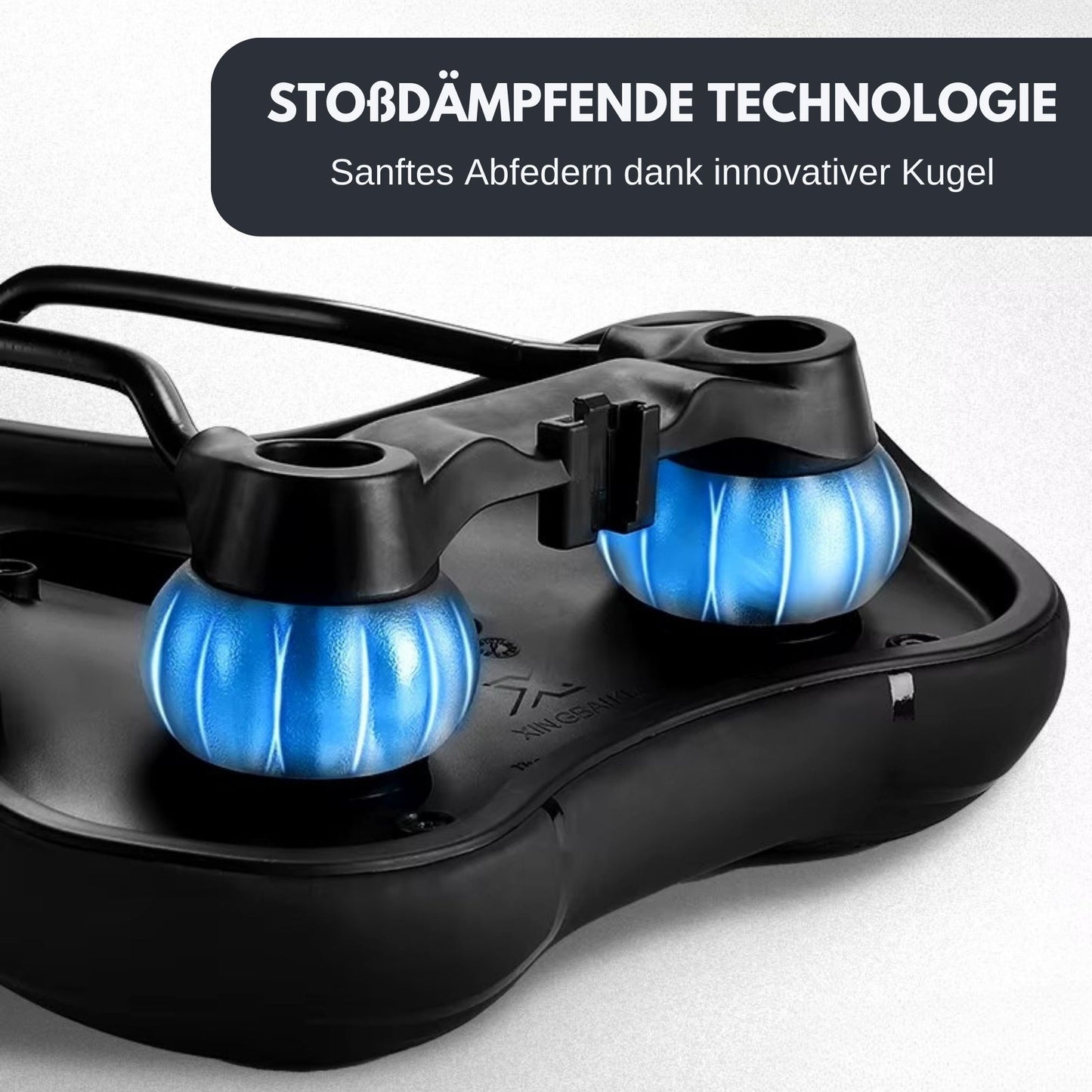 Nahaufnahme des Fahrradsattel Deluxe Komfort. Stoßdämpfende Kugel hervorgehoben. Text: Stoßdämpfende Technologie