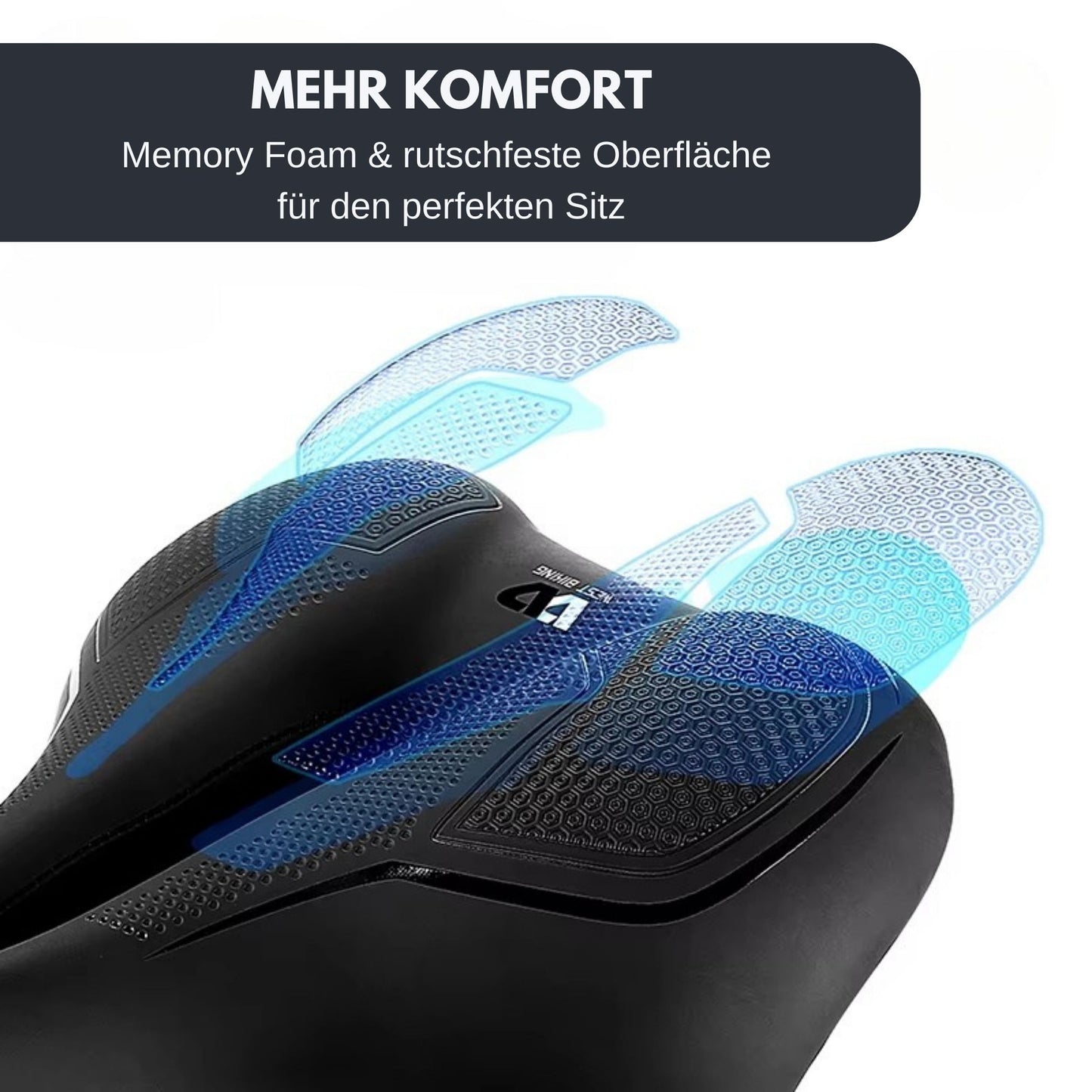 Fahrradsattel Deluxe Komfort Detailaufnahme, Memory Foam-Polsterung und rutschfeste Oberfläche hervorgehoben. Beschriftung: Mehr Komfort