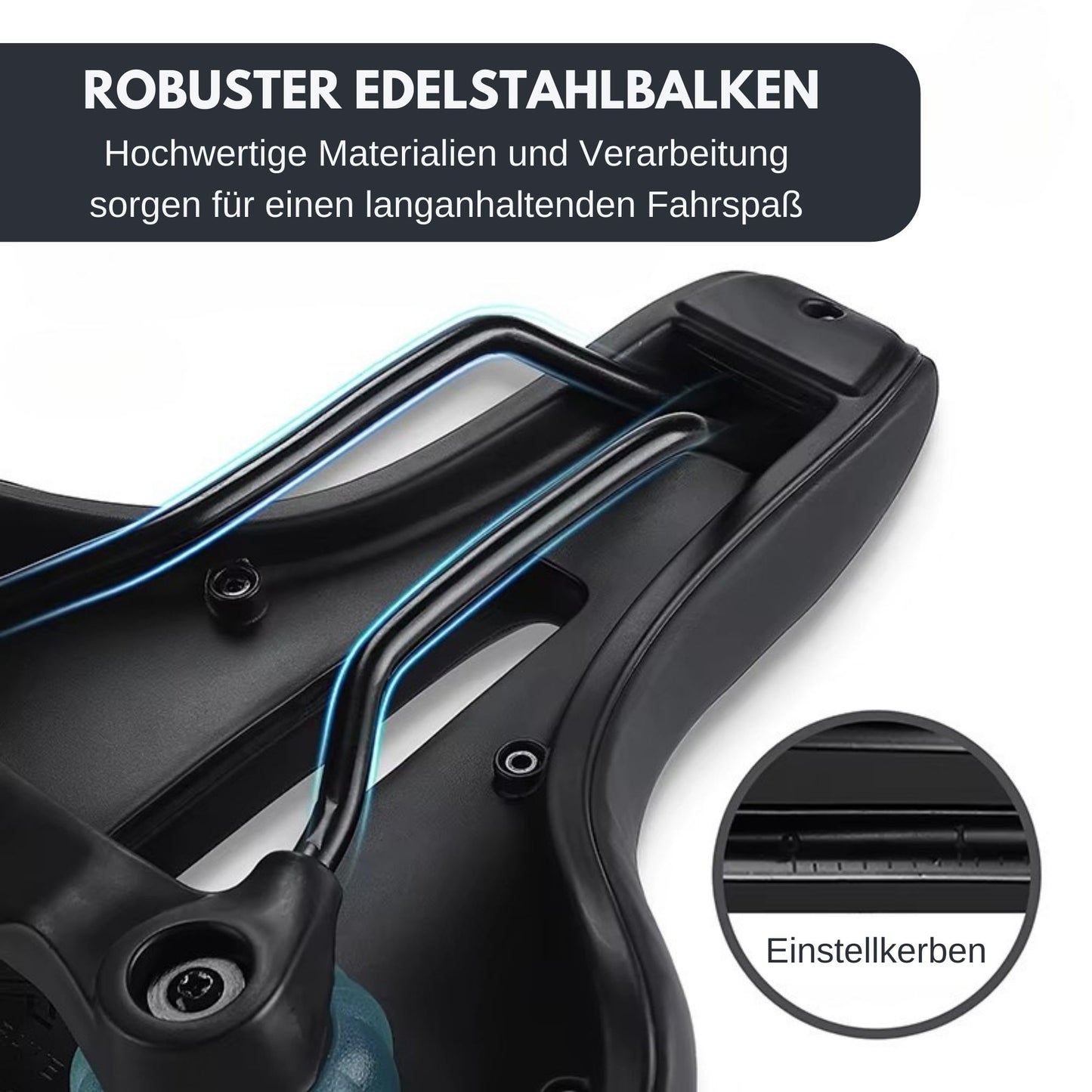 Detailaufnahme Fahrradsattel Deluxe Komfort, robuster Edelstahlbalken hervorgehoben. Überschrift: Hochwertige Materialien und Verarbeitung