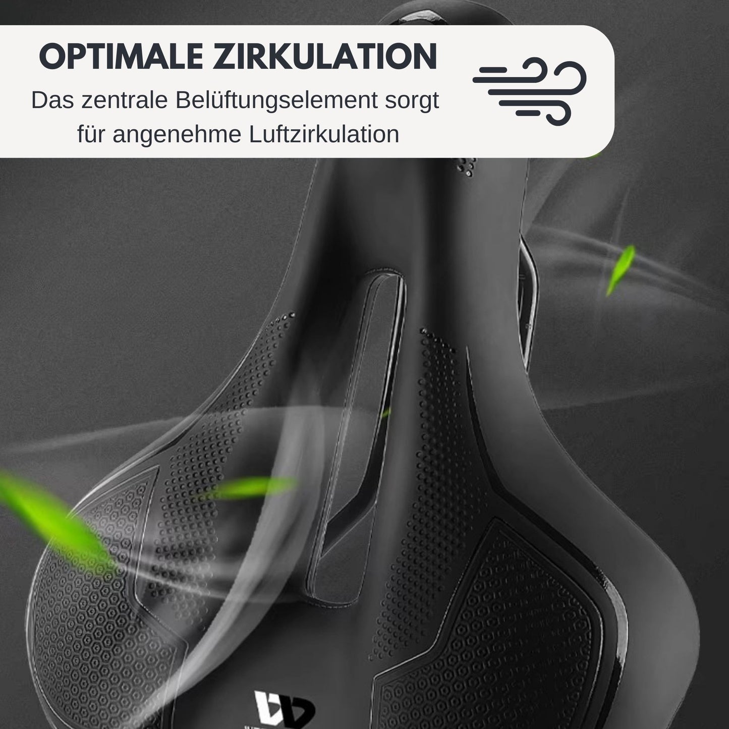 Fahrradsattel Deluxe Komfort Detailaufnahme, Luftloch in der Mitte für verbesserte Luftzirkulation. Überschrift: Optimale Luftzirkulation