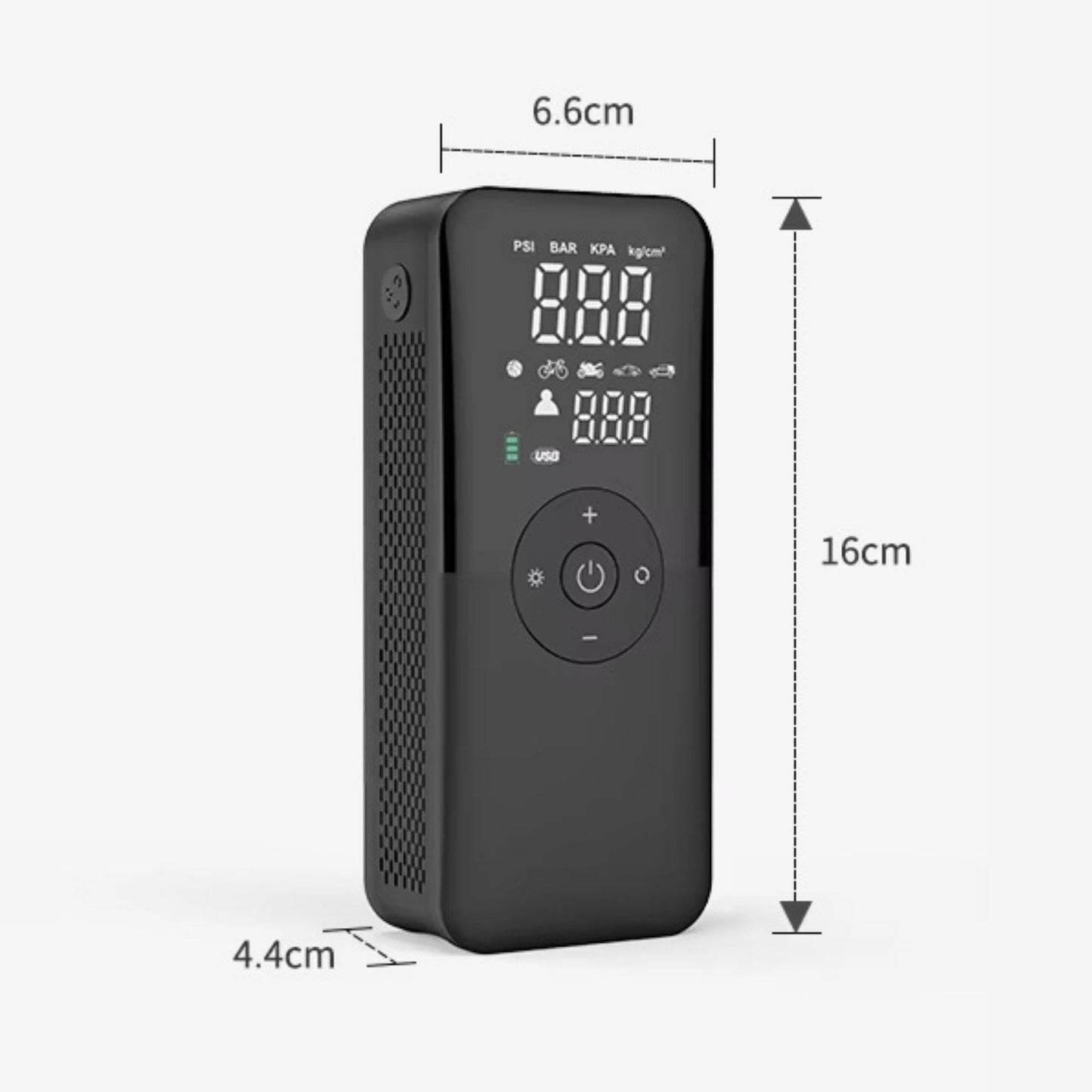 Elektrische Universal-Reifenpumpe mit Maßangaben: Länge 16 cm, Breite 6,6 cm, Höhe 4,4 cm. Zeigt die kompakten Abmessungen.