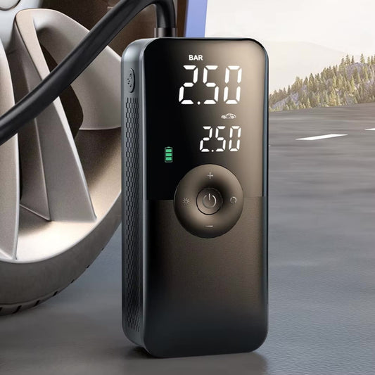 Anwendungsbeispiel: Elektrische Universal-Reifenpumpe pumpt einen Autoreifen auf. Der Schlauch ist mit dem Ventil verbunden.