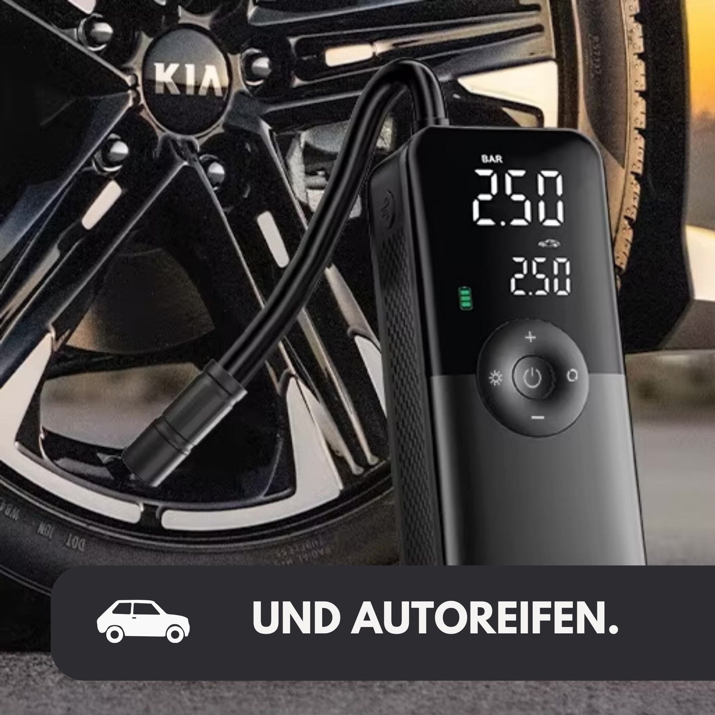 Anwendungsbeispiel: Elektrische Universal-Reifenpumpe pumpt einen Autoreifen auf. Der digitale Bildschirm zeigt den Druck an.