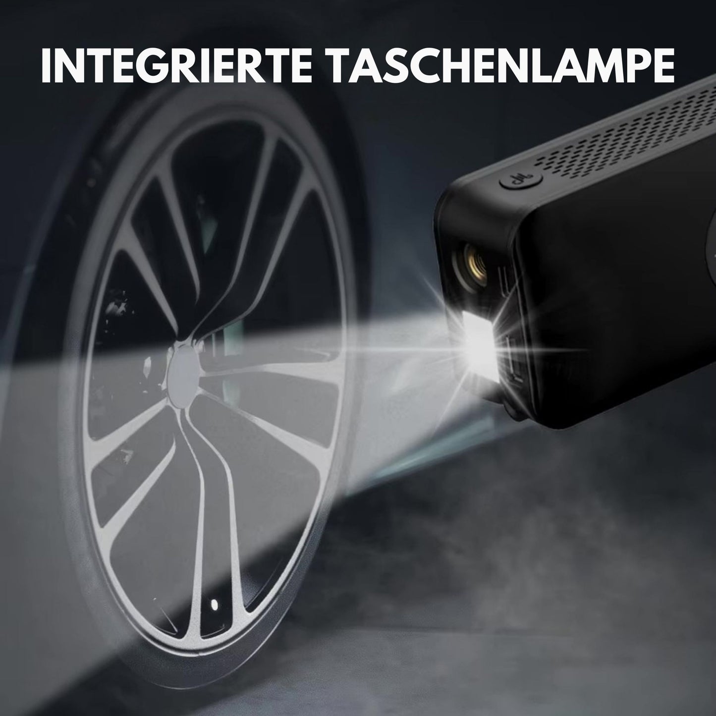 Nahaufnahme der Elektrischen Universal-Reifenpumpe mit eingeschalteter integrierter LED-Taschenlampe. Beleuchtet den Ventilbereich im Dunkeln.