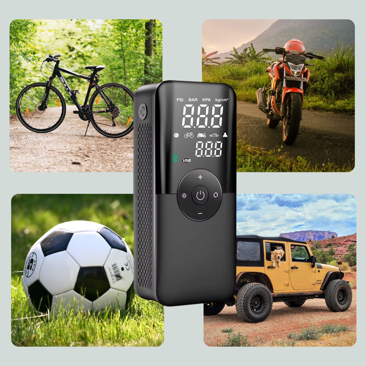 Elektrische Universal-Reifenpumpe im Zentrum, umgeben von Symbolen für Fahrrad, Auto, Motorrad und Sportbälle. Text: 'Eine für alles'.