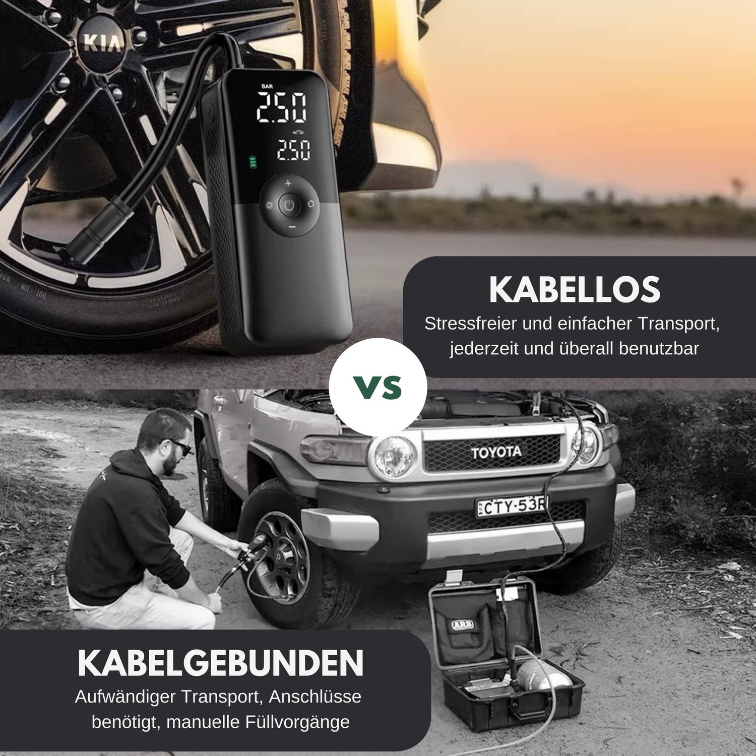 Geteiltes Bild: Unten eine unhandliche kabelgebundene Pumpe, oben die kabellose Elektrische Universal-Reifenpumpe. Text: 'Kabellose und stressfrei – versus kabelgebunden und aufwändig.'.