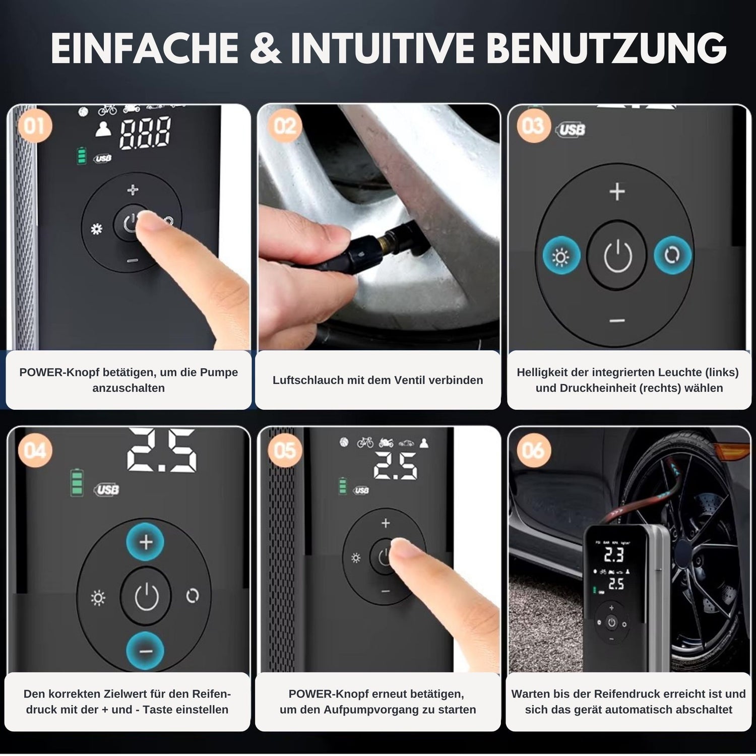 Elektrische Universal-Reifenpumpe mit vergrößerter Ansicht des digitalen Bildschirms und der Bedientasten. Pfeile zeigen auf die Tasten und erklären die einfache, intuitive Bedienung. Text: 'Einfach, Intuitiv, Sicher'