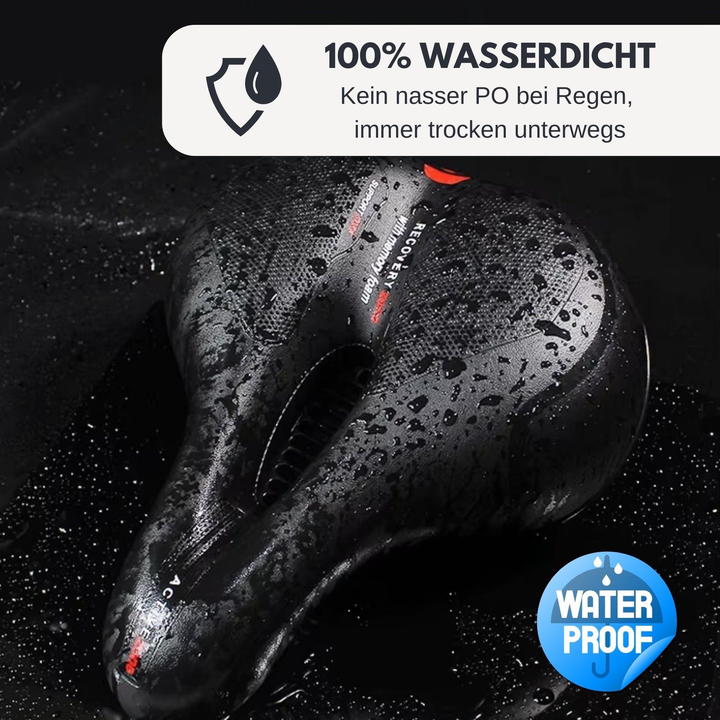Nasser ergonomischer Damensattel mit wasserabweisender Oberfläche – 100% wasserdicht und ideal für alle Wetterbedingungen.