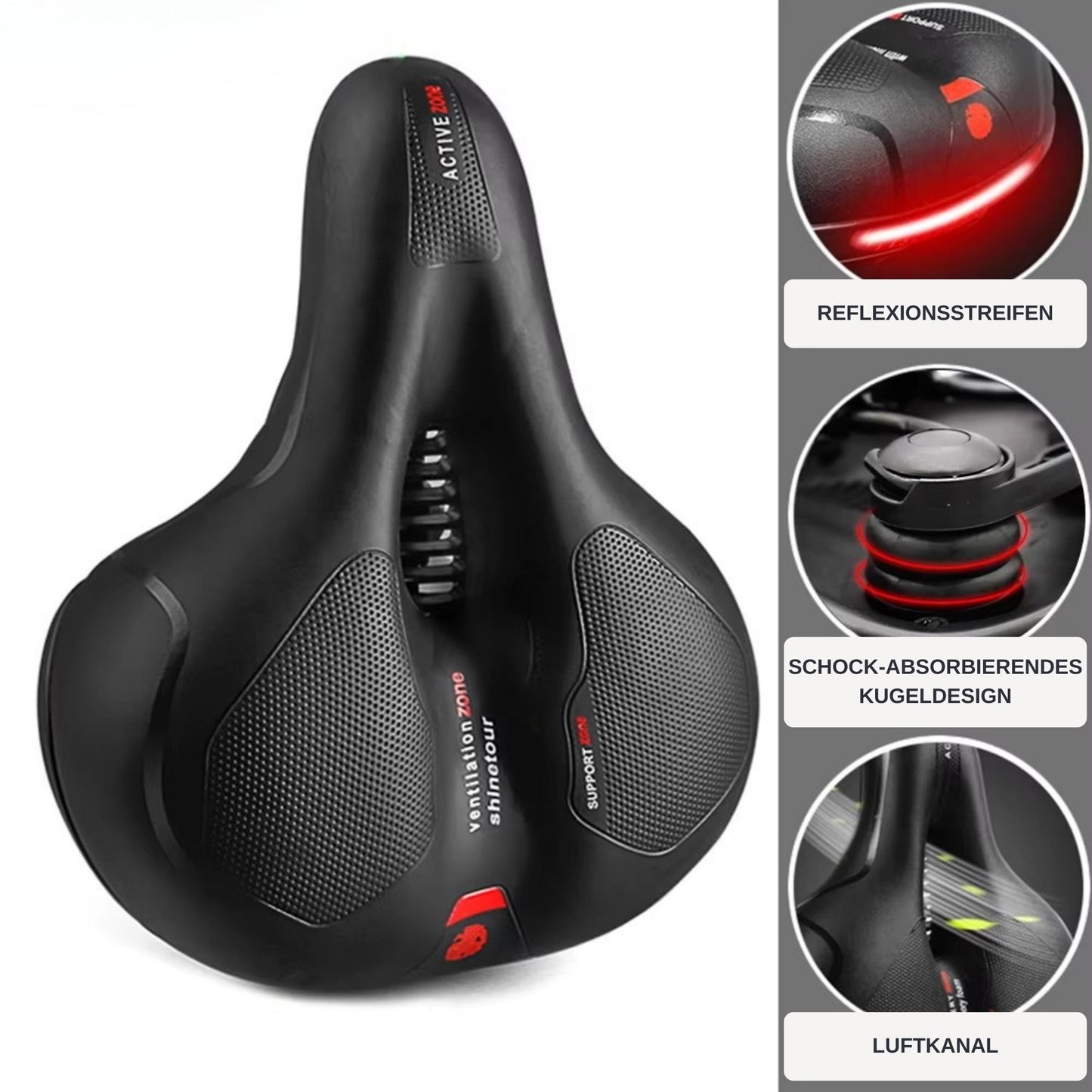 Detailaufnahme des ergonomischen Damensattels – zeigt reflektierende Streifen, schockabsorbierendes Kugeldesign und integrierten Luftkanal für optimale Belüftung.