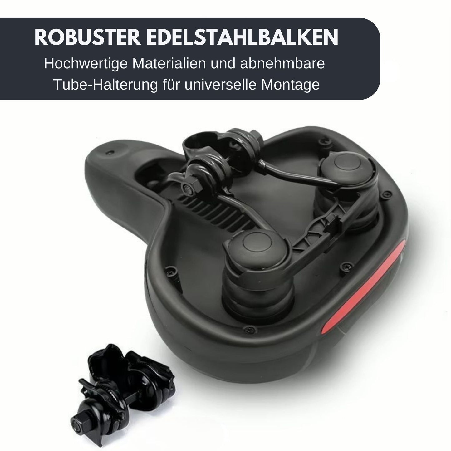 Unterseite des ergonomischen Damensattels mit demonitierbarer Tube-Halterung – universell kompatibel für vielseitige Fahrradmontage.