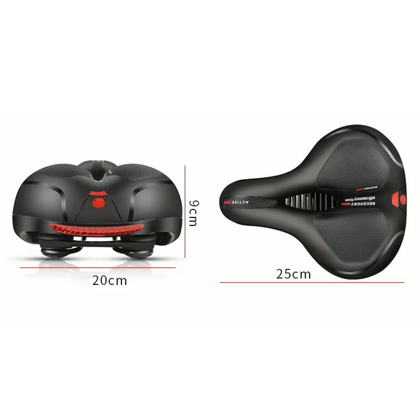 Maßangaben des ergonomischen Damensattels – übersichtliche Darstellung der Dimensionen für perfekte Passform und einfache Installation.