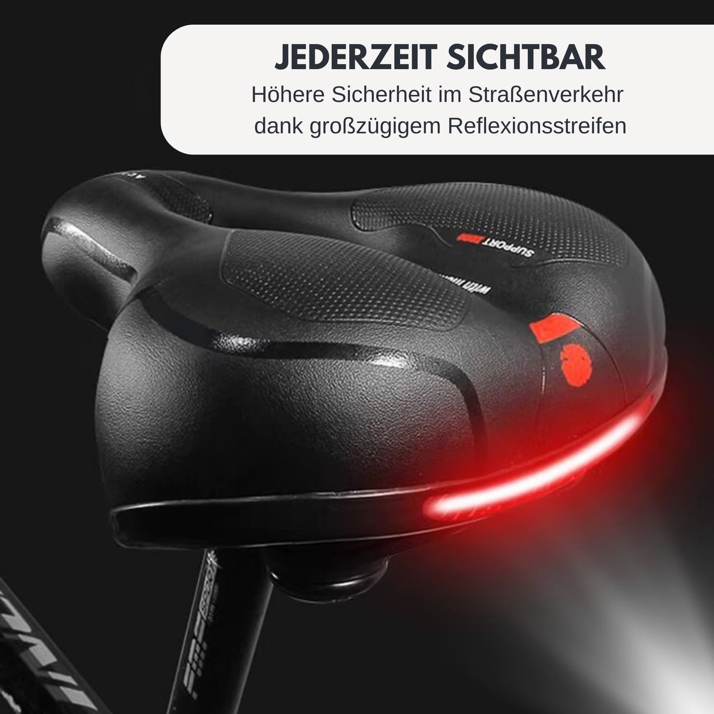 Leuchtender Reflektor am Damensattel – erhöht die Sichtbarkeit und Sicherheit bei Nachtfahrten.