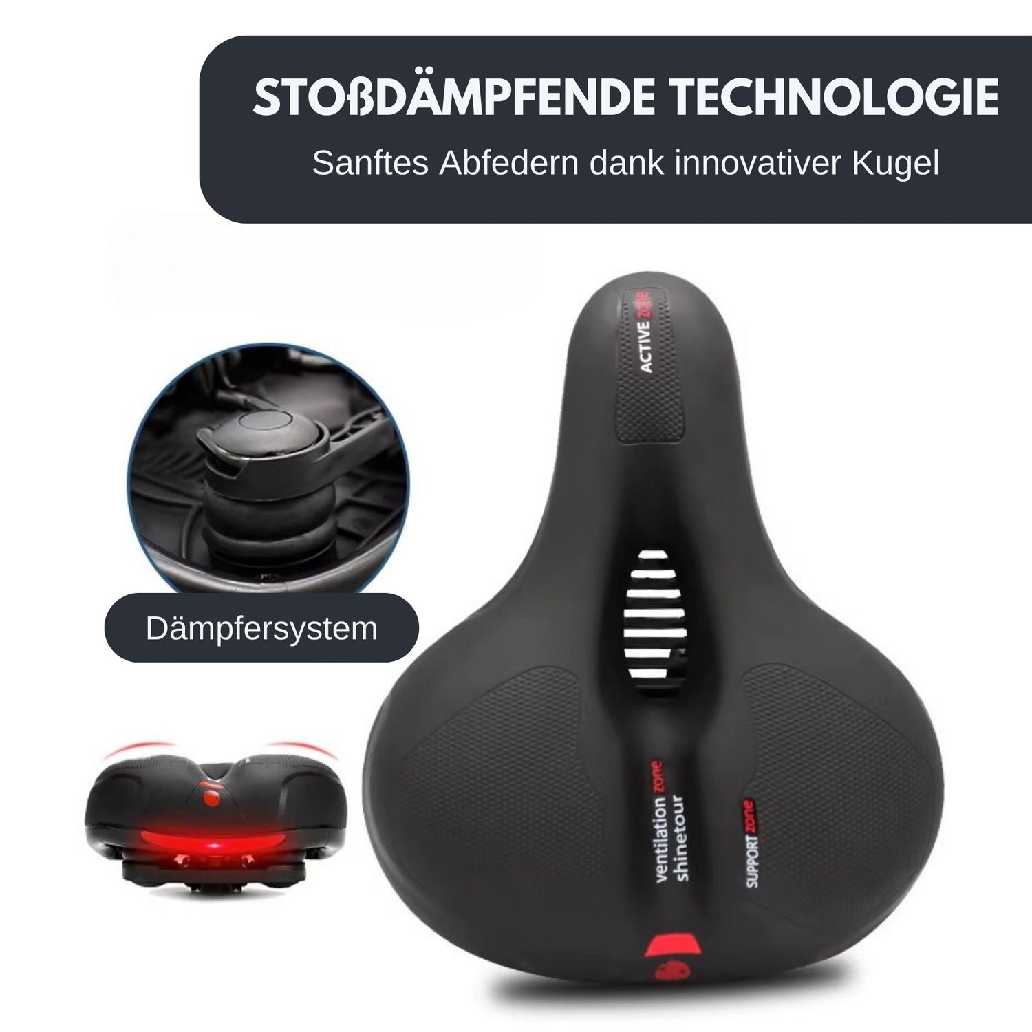 Detailaufnahme der innovativen stoßdämpfenden Technologie im Damensattel – modernes Kugeldämpfersystem für sanfte, komfortable Fahrten.
