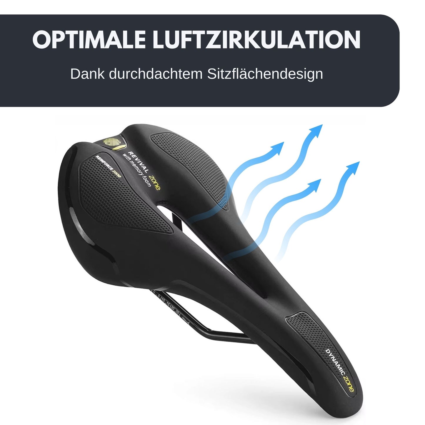 Offroad Mountainbike Sattel – Detailansicht der speziellen Aussparung und Pfeile, die die optimierte Luftzirkulation verdeutlichen.