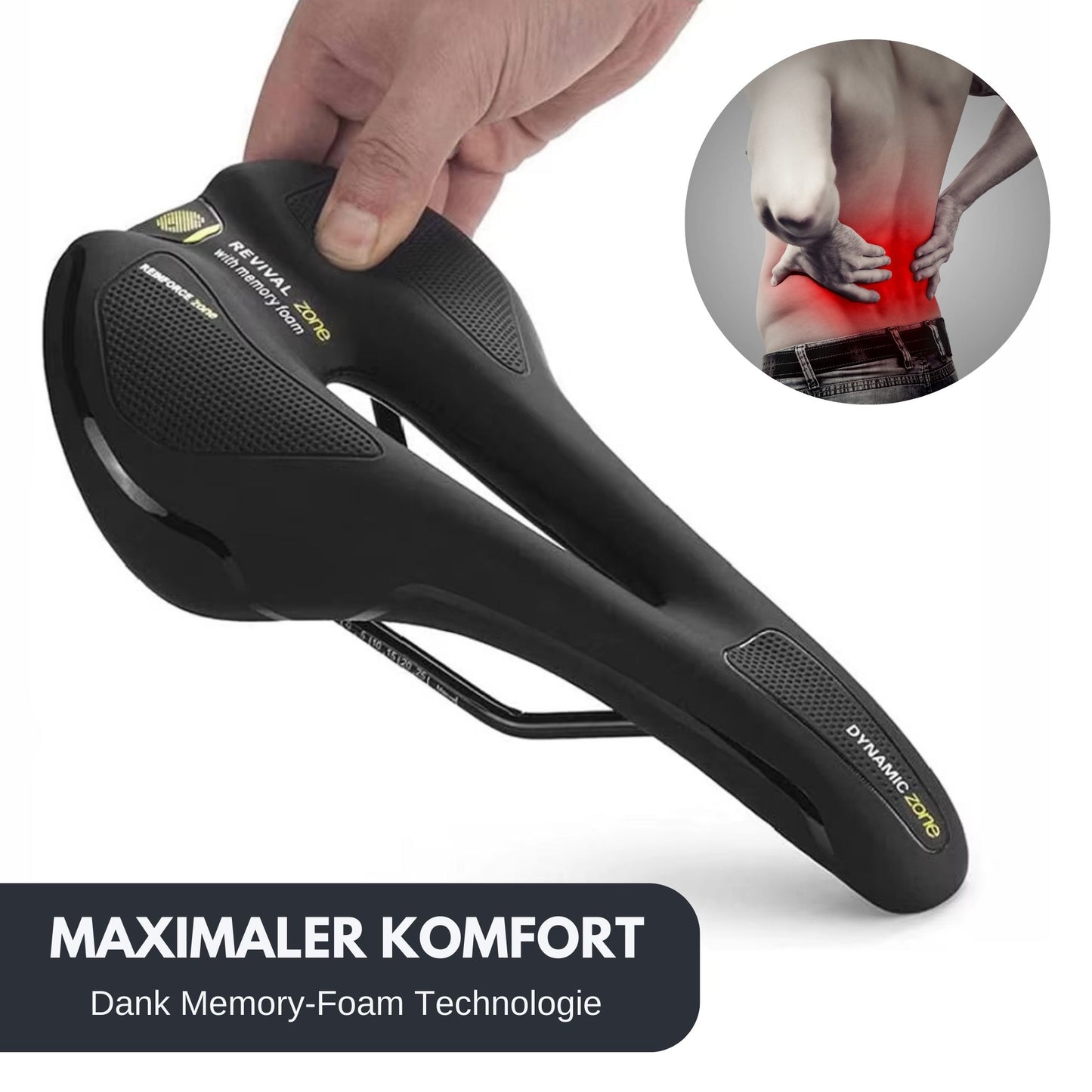 Offroad Mountainbike Sattel – Nahaufnahme der 3D Memory Foam+ Polsterung. Text im Bild: Maximaler Komfort.