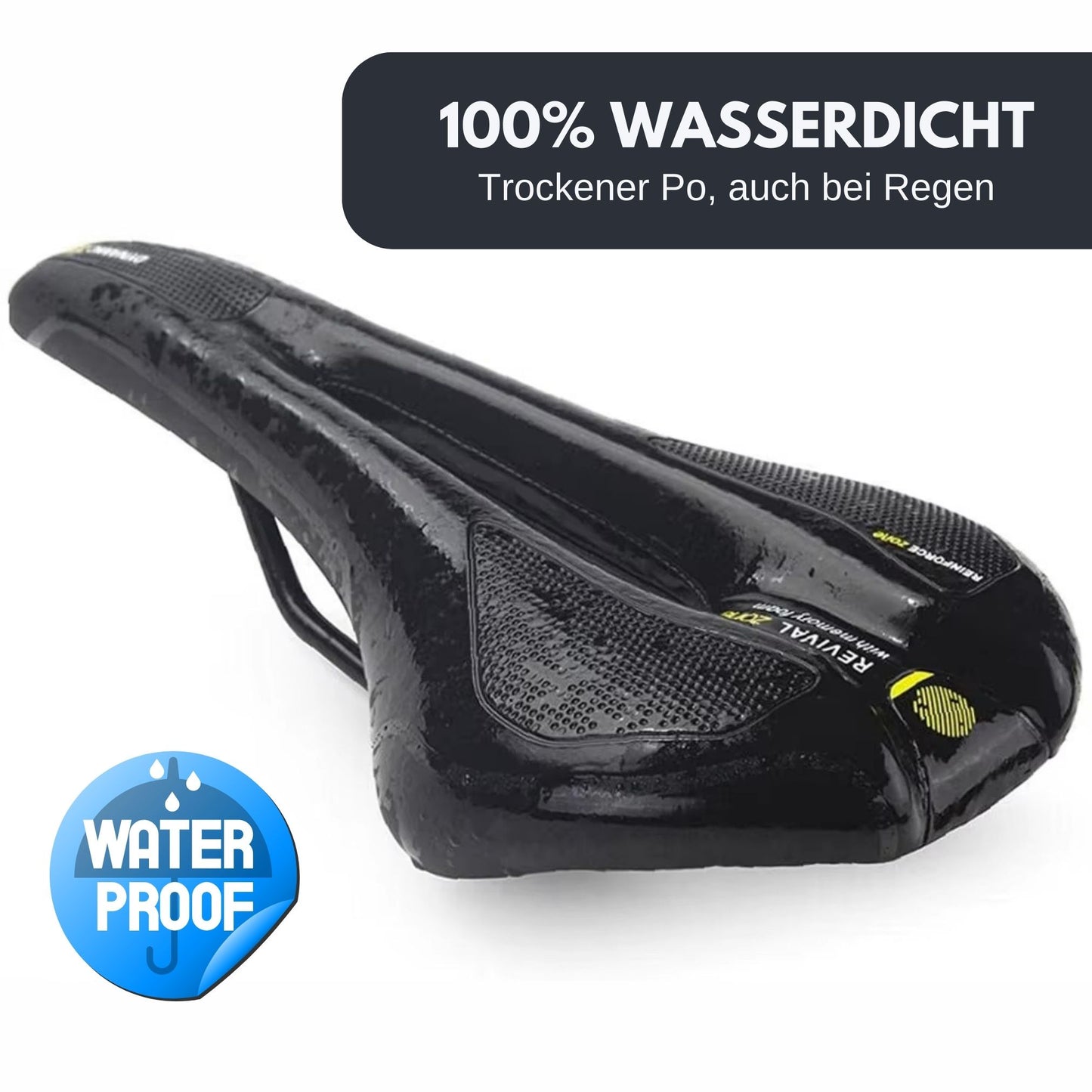 Offroad Mountainbike Sattel, Wassertropfen perlen von der Oberfläche ab. Text: 100% wasserdicht.