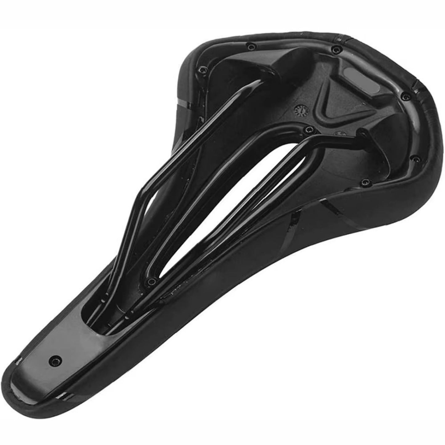 Offroad Mountainbike Sattel – Unterseite. Zeigt den leichten Sattelbogen und die universelle Montagevorrichtung.