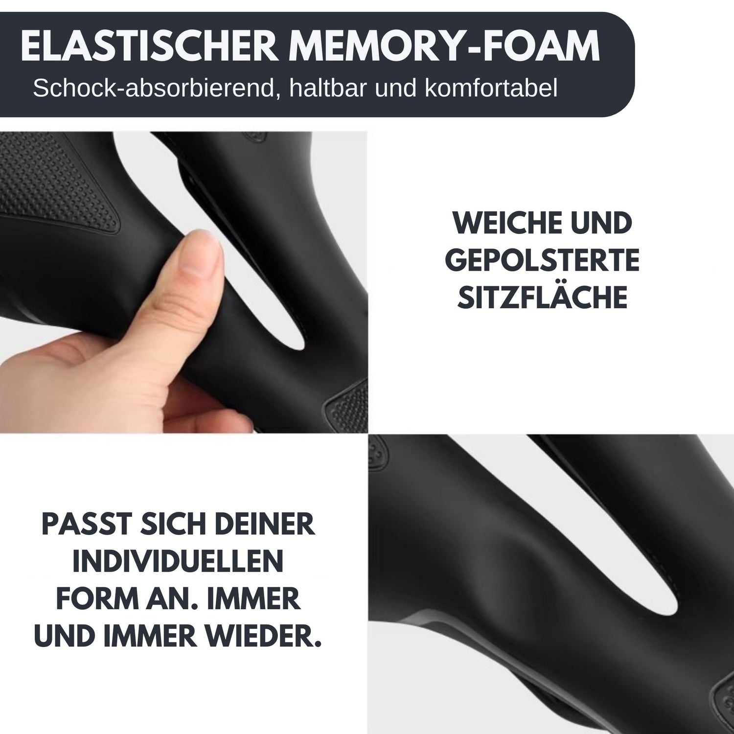 Offroad Mountainbike Sattel – Nahaufnahme der elastischen 3D Memory Foam+ Polsterung. Text: Weiches Sitzpolster für maximalen Komfort.
