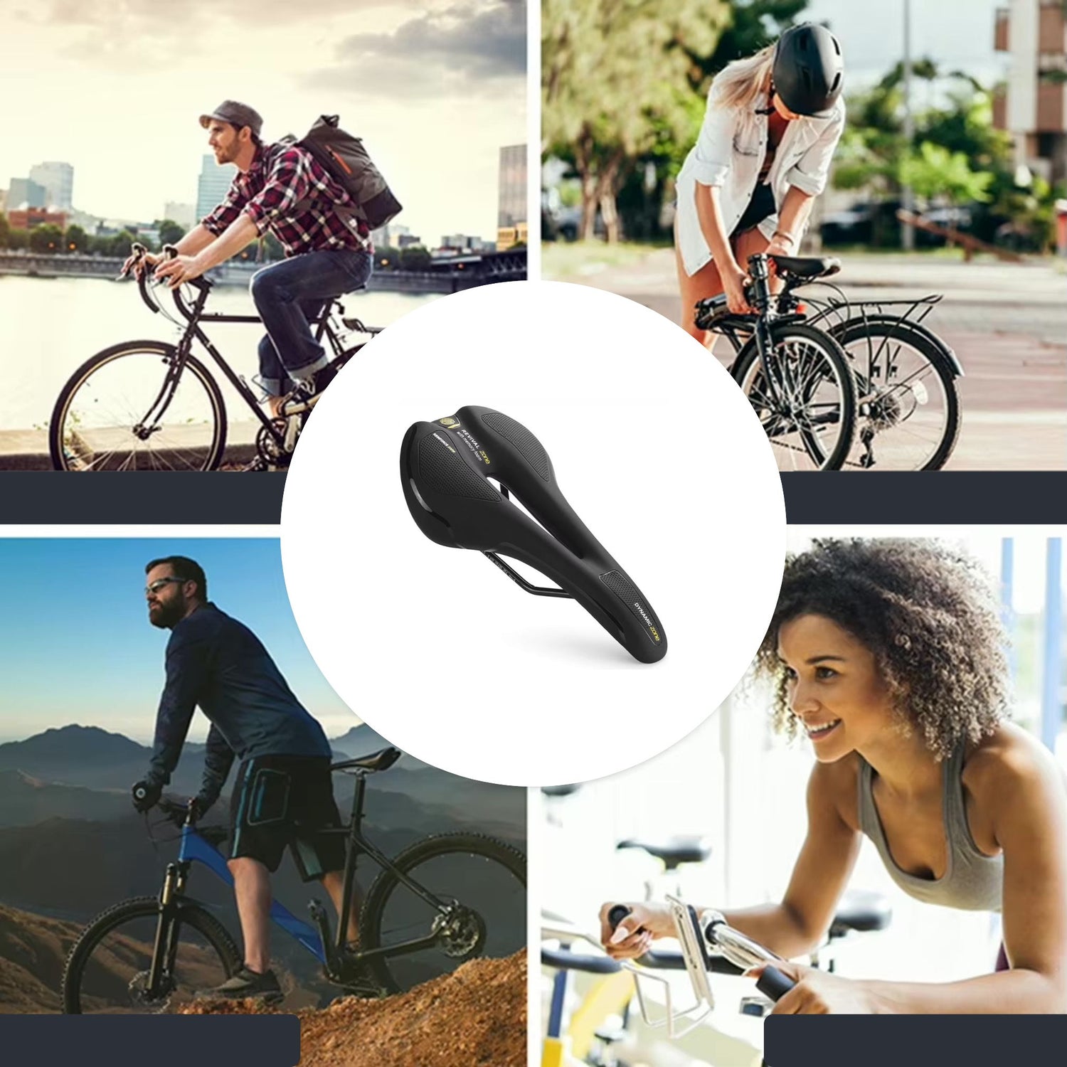 Offroad Mountainbike Sattel, montiert auf verschiedenen Fahrradtypen: Mountainbike, City-Bike, Trainingsrad, Klapprad. Text: Universell einsetzbar.