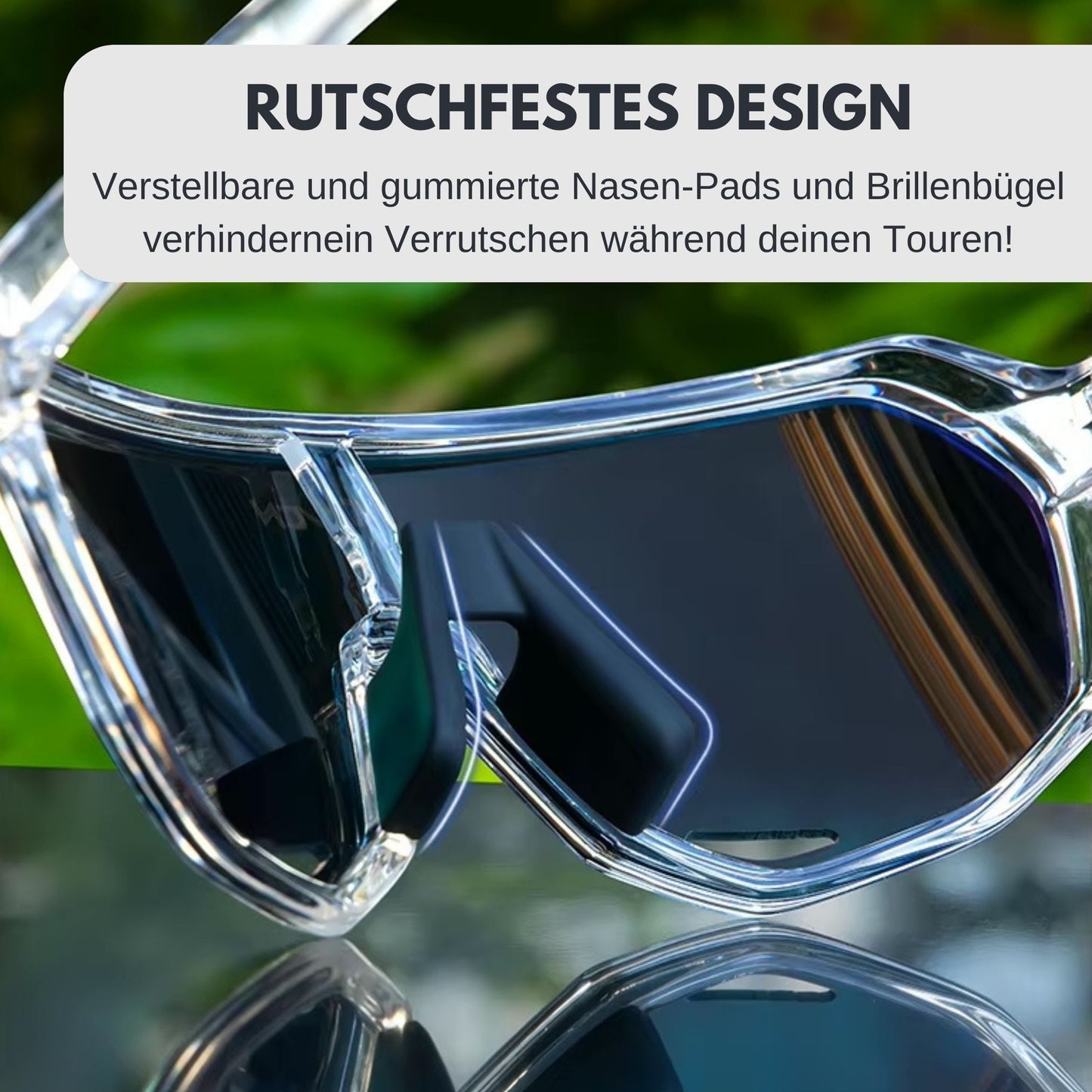 Detailaufnahme: Gummierte, verstellbare Nasen- und Brillenbügel für rutschfestes Design