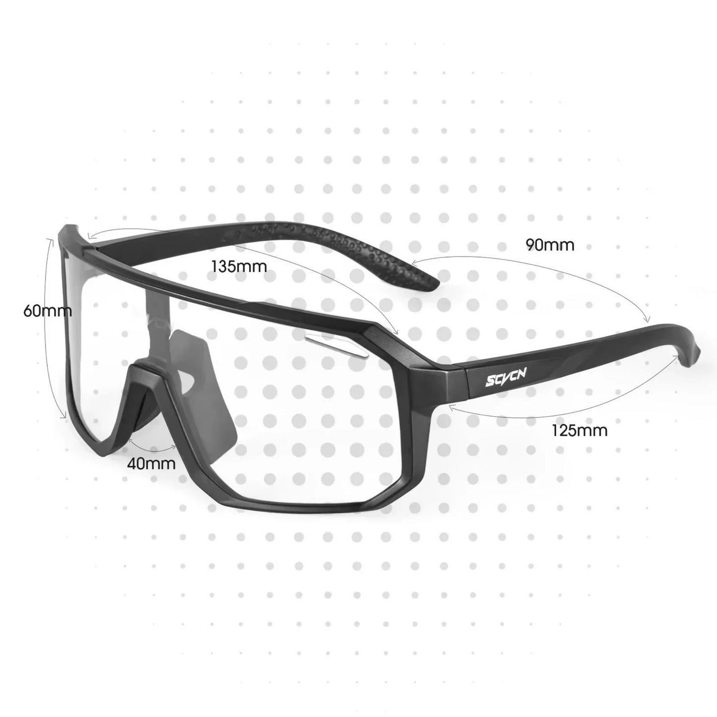 Angezeichnete Maße der Photochroma Brille, präzise Darstellung von Breite und Höhe