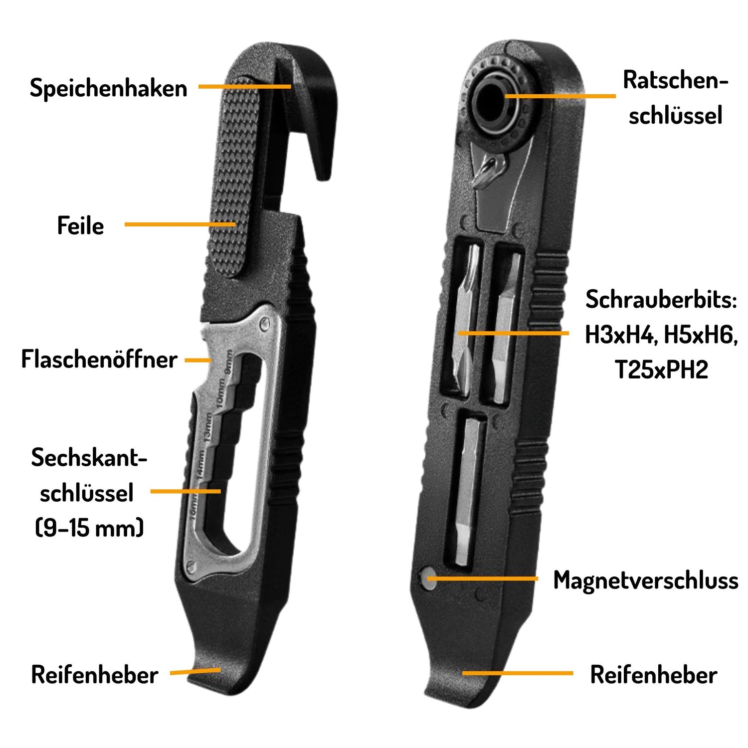 Detaildarstellung der integrierten Reifenheber-Funktion des Fahrrad Multitools mit Speichenhaken für einfachen Reifenwechsel