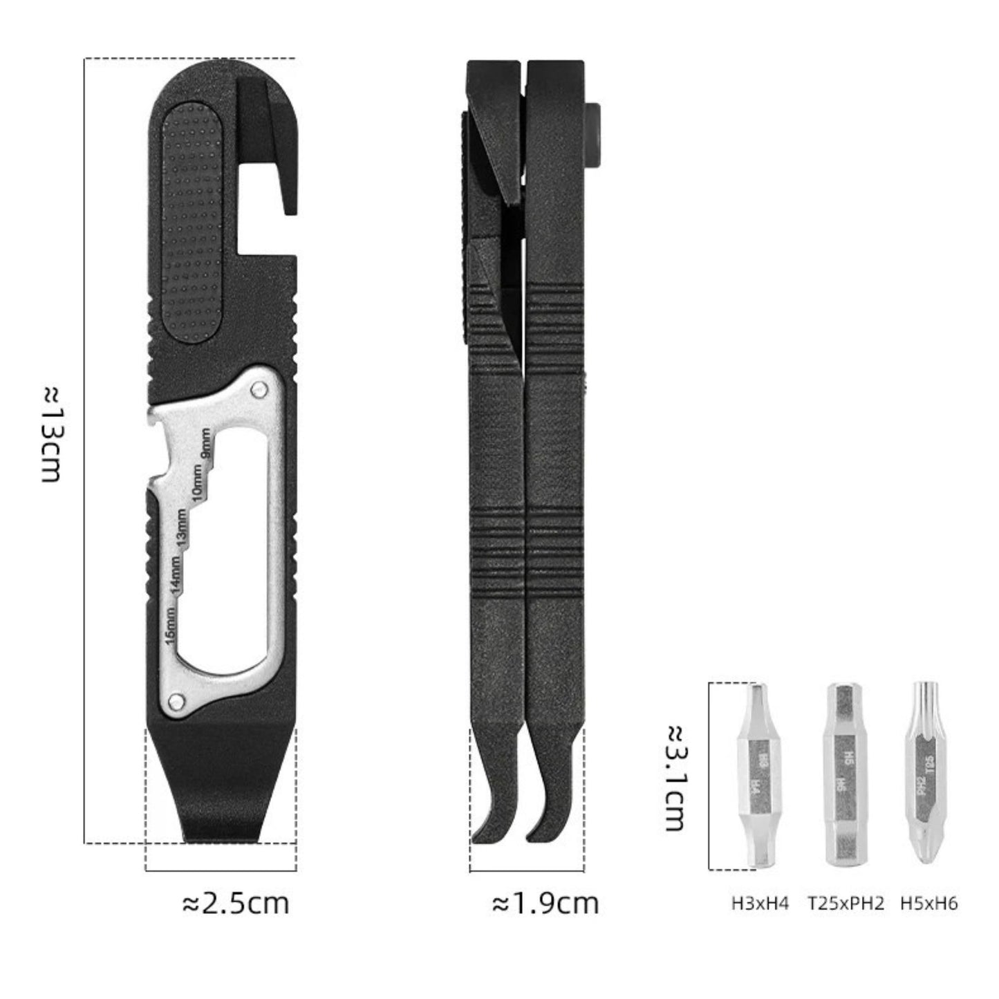 Maße des kompakten 16-in-1 Fahrrad Multitools, ca. 13 cm lang, passt in jede Trikottasche