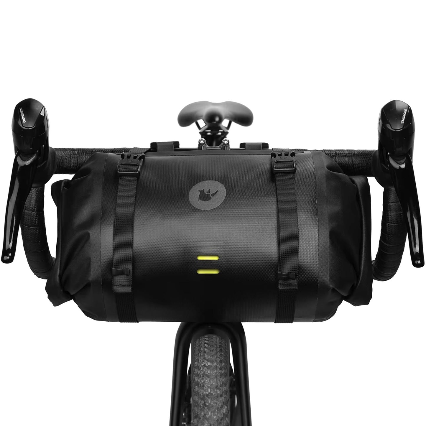 Rhinowalk Fahrrad-Lenkertasche für Bikepacking, wasserabweisend, viel Stauraum, schwarze Farbe mit gelben Details, montiert auf einem Fahrradlenker.