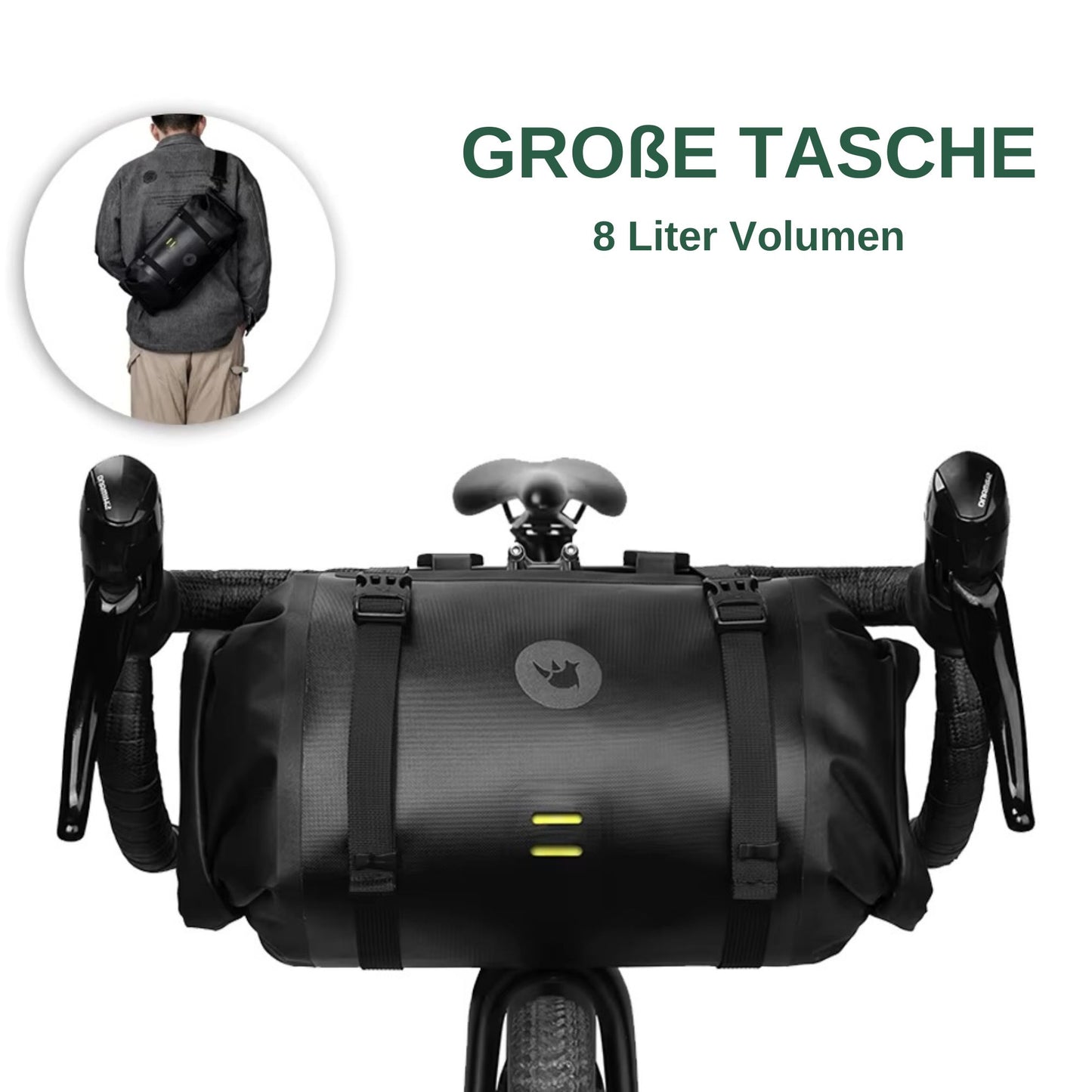 Große 8 Liter Rhinowalk Fahrrad-Lenkertasche, schwarz, wasserabweisend, mit Tragegurt-Funktion, montiert am Fahrradlenker, zusätzliches Foto zeigt Umhängetasche.