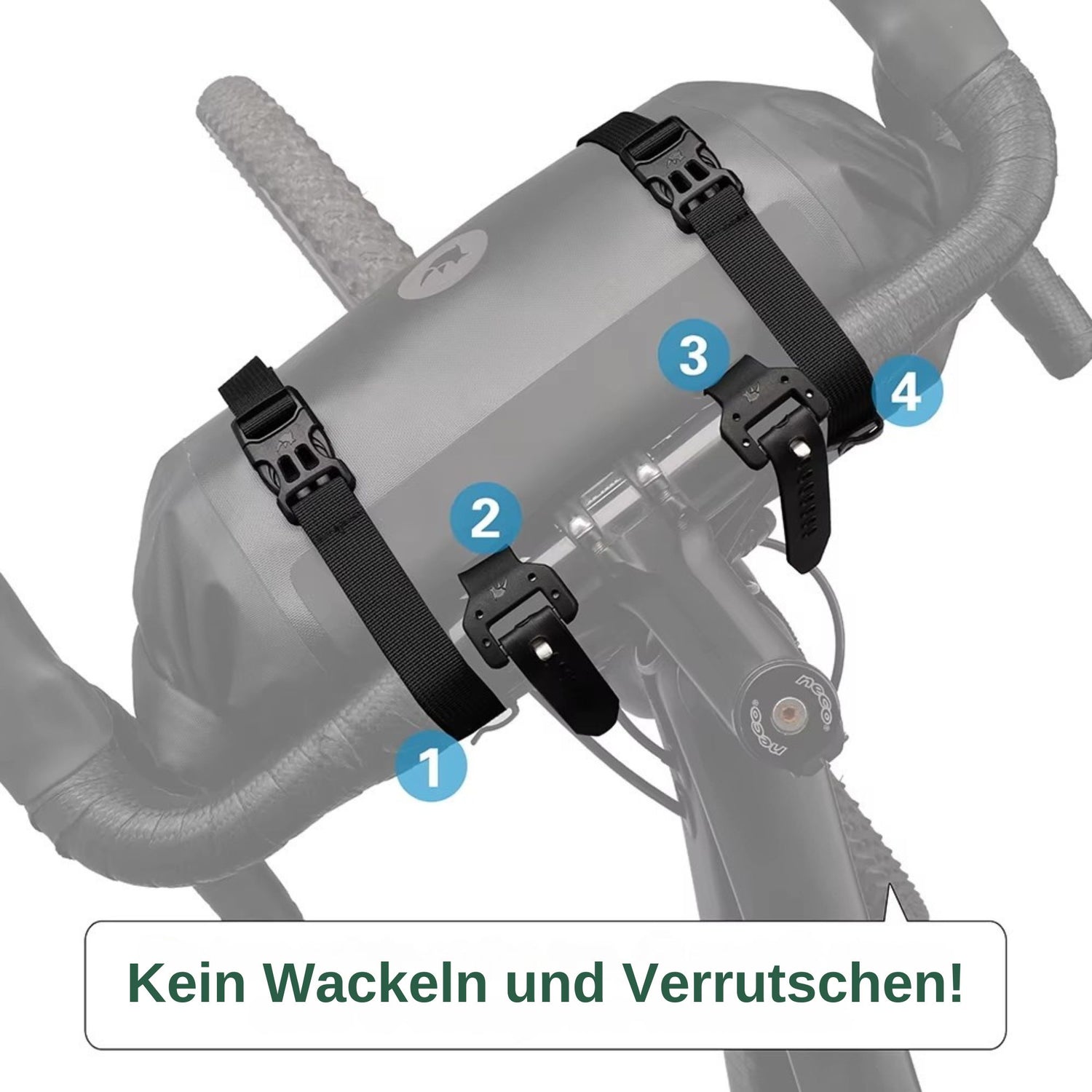 Rhinowalk Lenkertasche kaufen! Sichere und stabile Montage mit vier Gurten, kein Wackeln und Verrutschen, einfache Befestigung mit nummerierten Schnallen (1-4), für jedes Fahrradabenteuer.