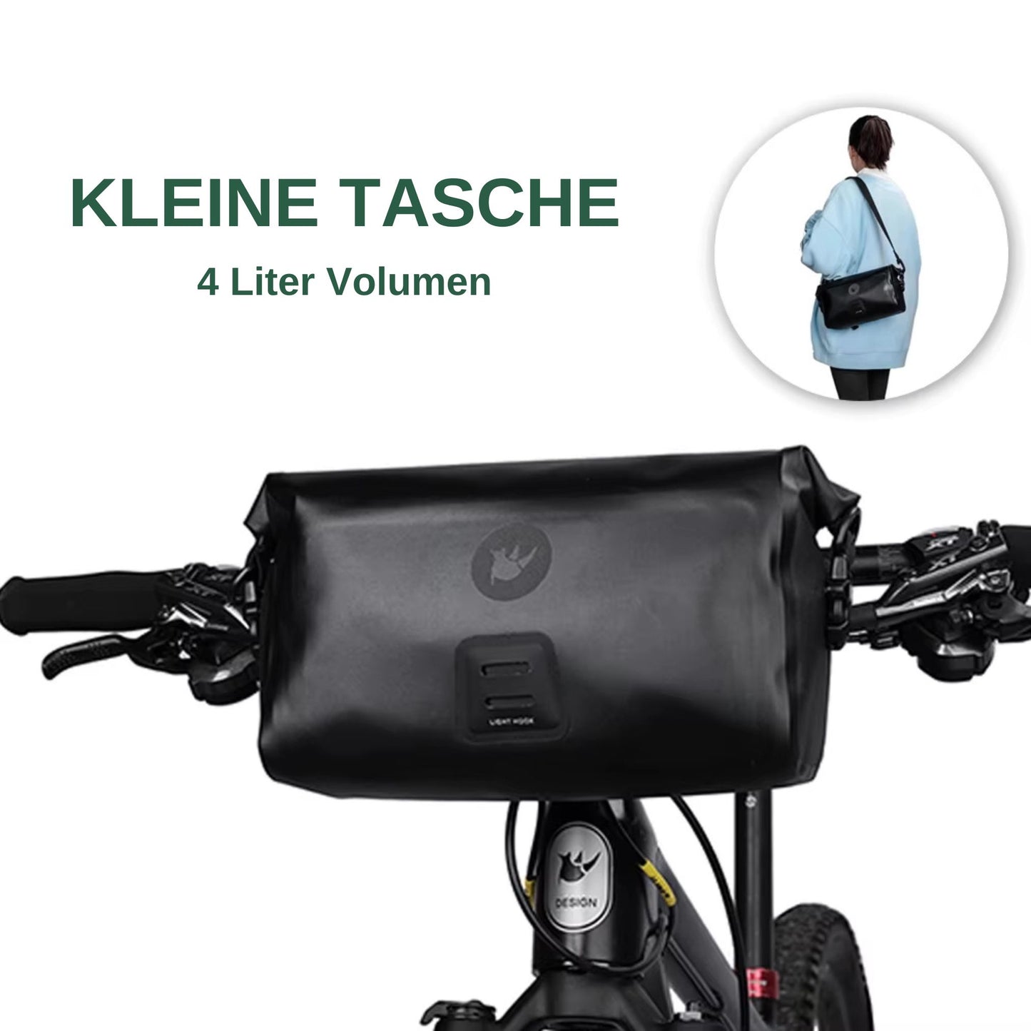 Rhinowalk 4 Liter Lenkertasche kaufen, kleine Ausführung, schwarz, wasserdicht, Umhängetaschen-Funktion, Fahrrad-Montage, Bild zeigt Tasche am Fahrrad und als Umhängetasche.