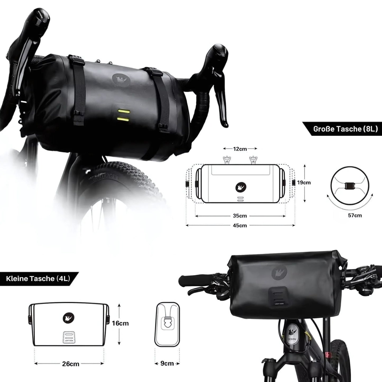 Rhinowalk Fahrrad-Lenkertaschen in zwei Größen, 8 Liter und 4 Liter, schwarze Farbe, wasserdichtes Material, Maßskizzen und Größenangaben für beide Taschenmodelle.