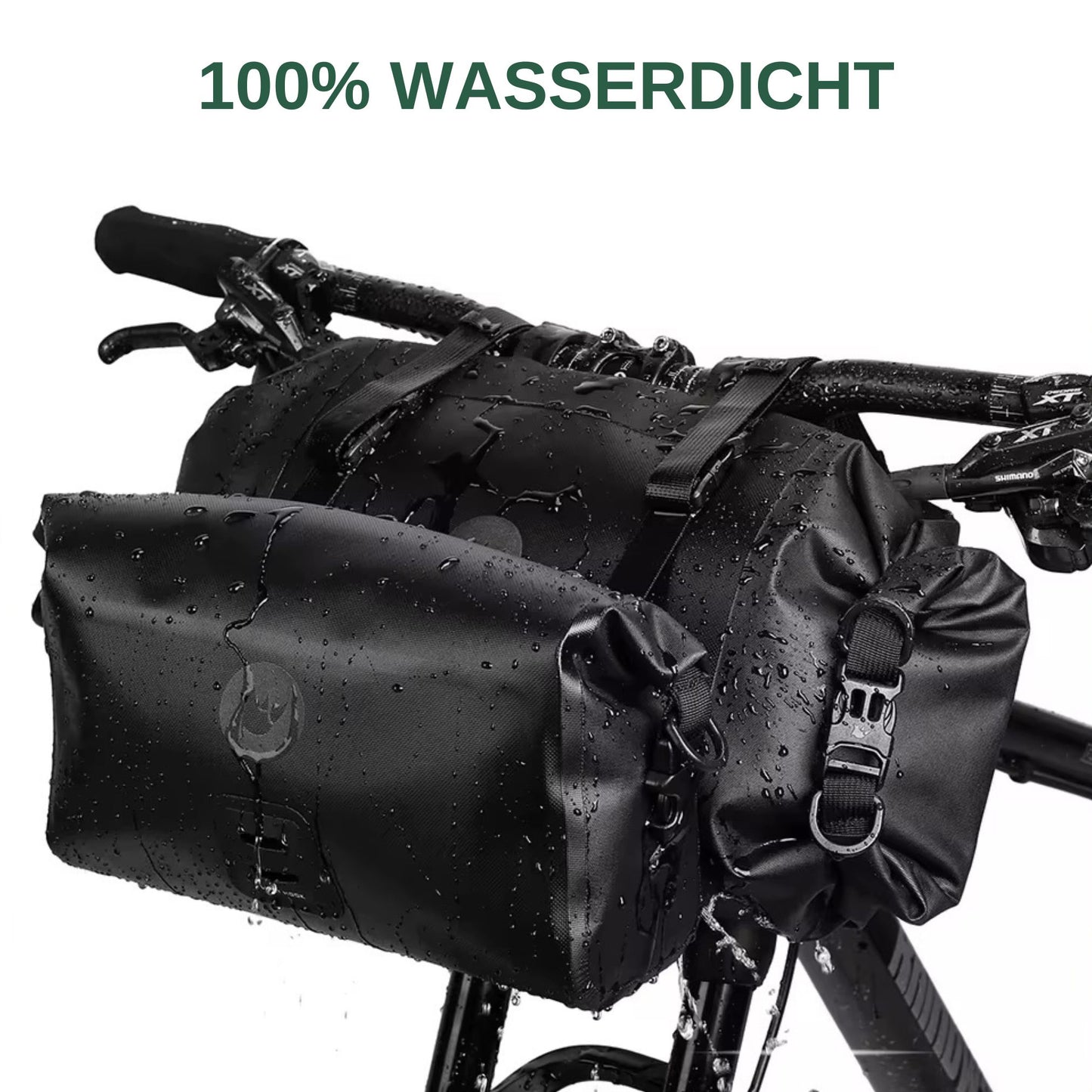 Rhinowalk wasserdichte Lenkertaschen, Detailaufnahme der Befestigungsgurte mit Schnallen, nasse Oberfläche der schwarzen Tasche.