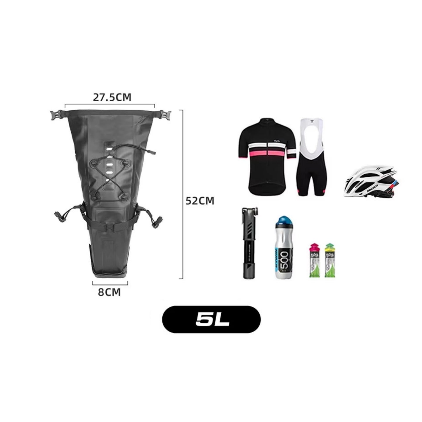 Rhinowalk Bikepacking Satteltasche (5L): Maße und detaillierte Angaben zum Fassungsvermögen. Kompakt und leicht für Tagestouren.