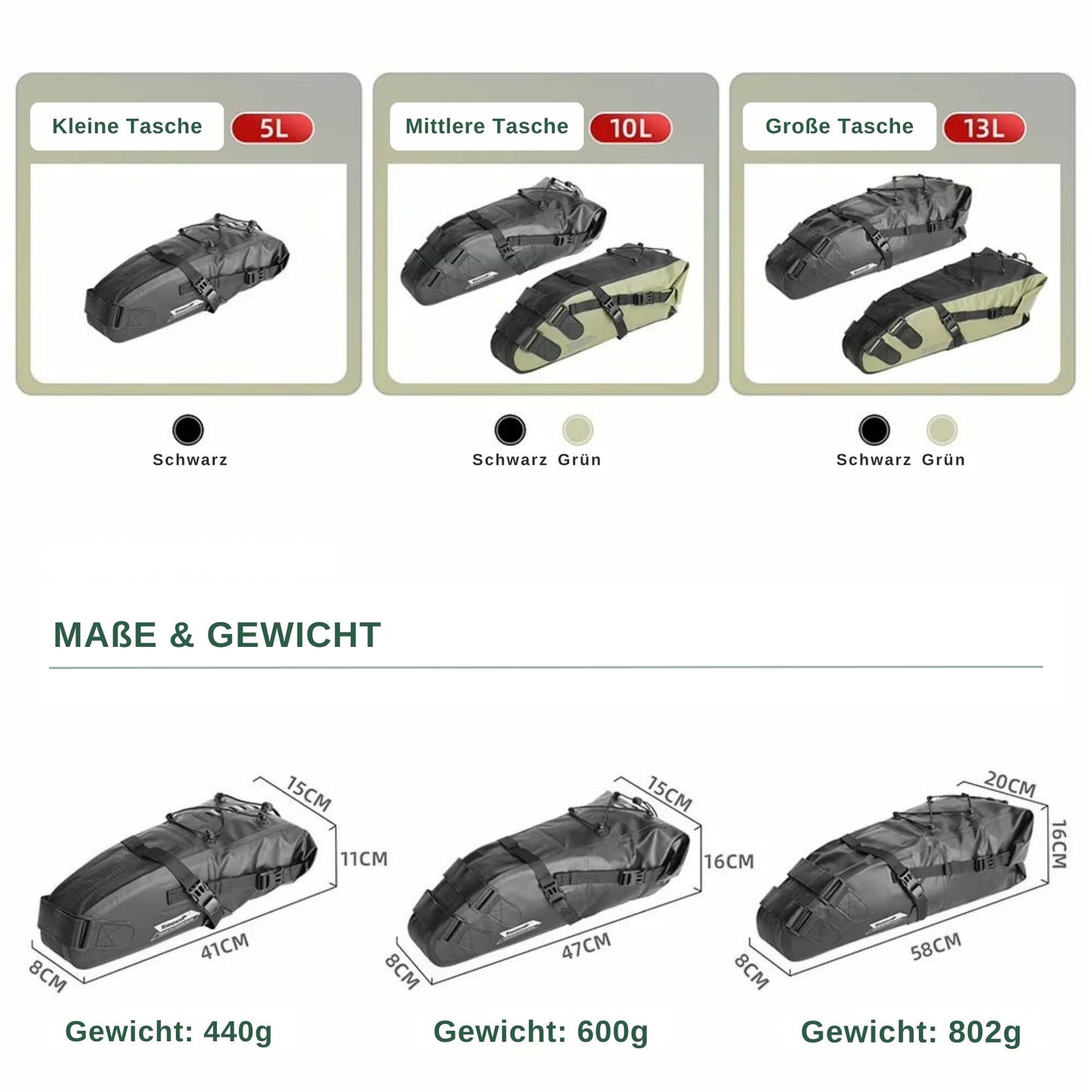 Größenvergleich: Die Rhinowalk Bikepacking Satteltasche ist in drei Größen erhältlich (5L, 10L, 13L). Wähle die passende Größe für deine Bedürfnisse.
