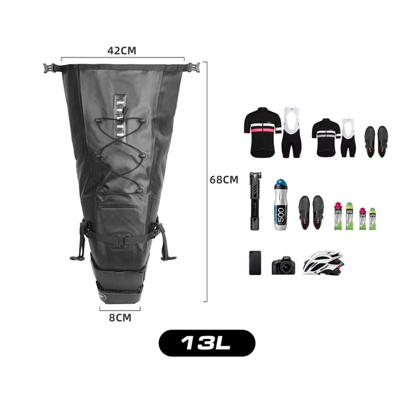 Rhinowalk Bikepacking Satteltasche (13L): Maße und detaillierte Angaben zum Fassungsvermögen. Ideal für umfangreiche Ausrüstung.