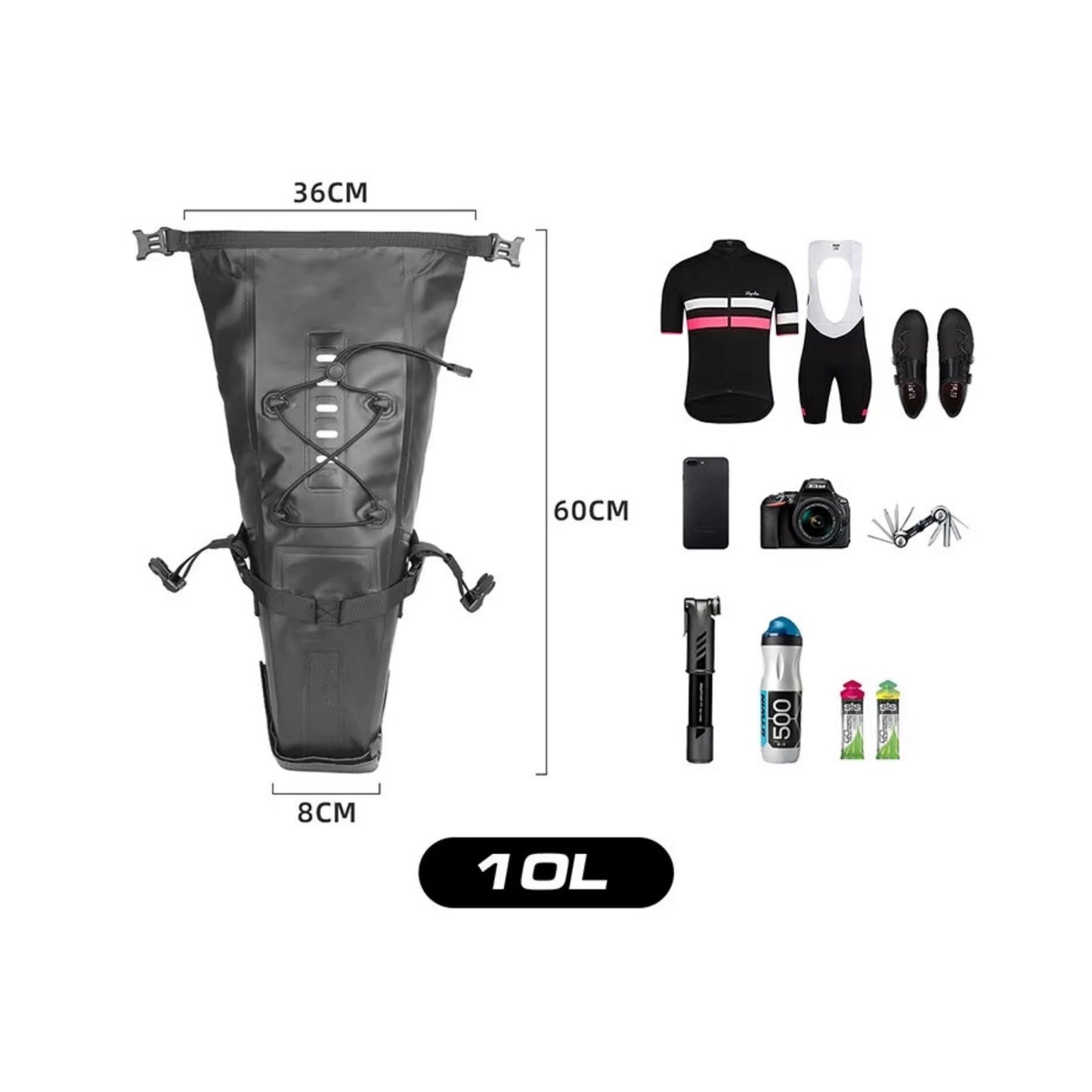 Rhinowalk Bikepacking Satteltasche (10L): Maße und detaillierte Angaben zum Fassungsvermögen. Perfekt für Mehrtagestouren.