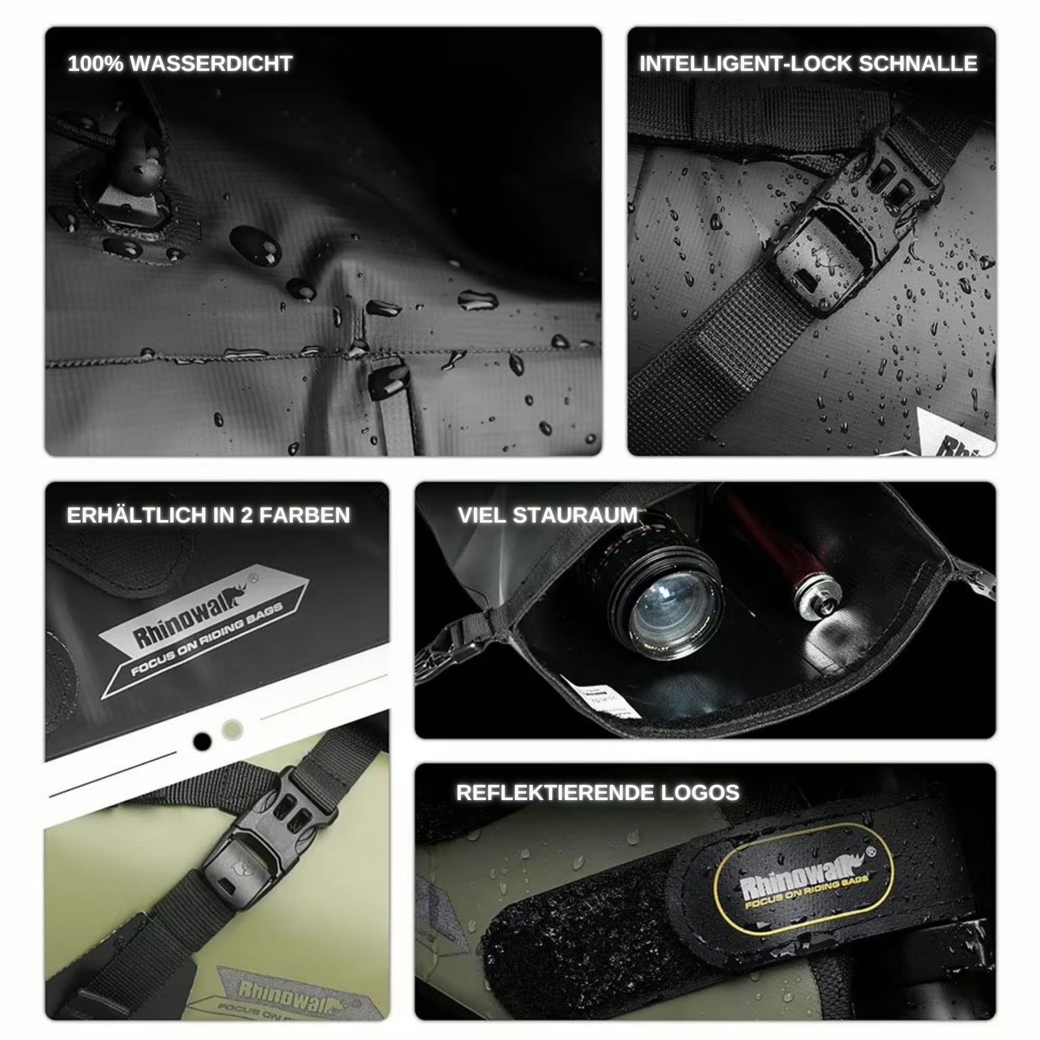 Clevere Features: Nahaufnahme der Rhinowalk Bikepacking Satteltasche mit Details zu Verarbeitung und Features wie Gummizug und Belüftungsventil.