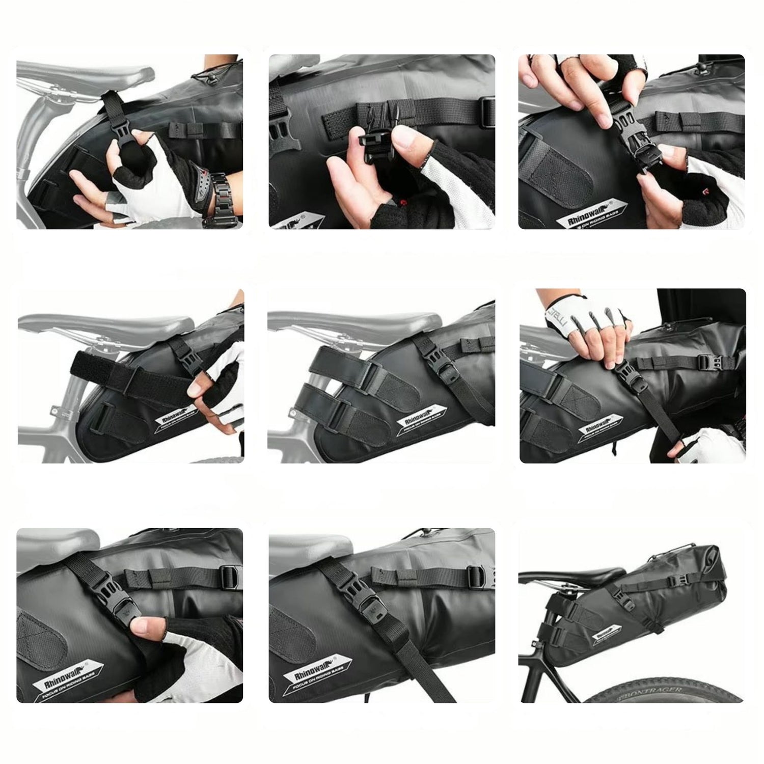 Einfache Montage: Schritt-für-Schritt-Anleitung zur Montage der Rhinowalk Bikepacking Satteltasche. In wenigen Handgriffen am Fahrrad befestigt.