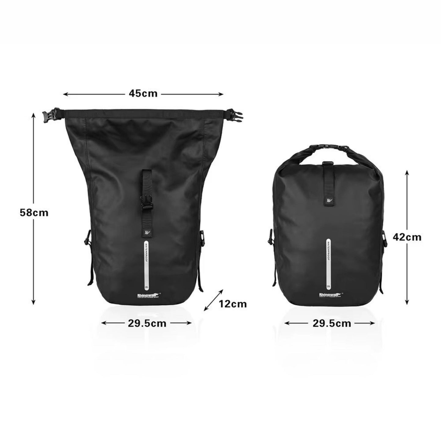 Rhinowalk Fahrradtasche 20L: Maßangaben und Darstellung des Rollverschlusses zur Kapazitätserweiterung.