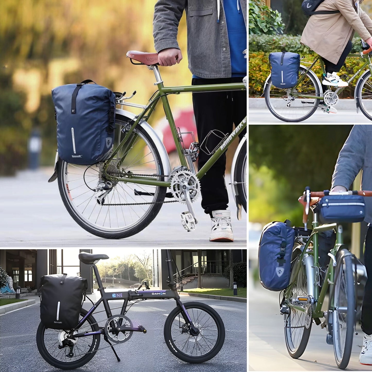 Rhinowalk Fahrradtasche 20L: Einsatzmöglichkeiten an verschiedenen Fahrrädern in einer Collage.