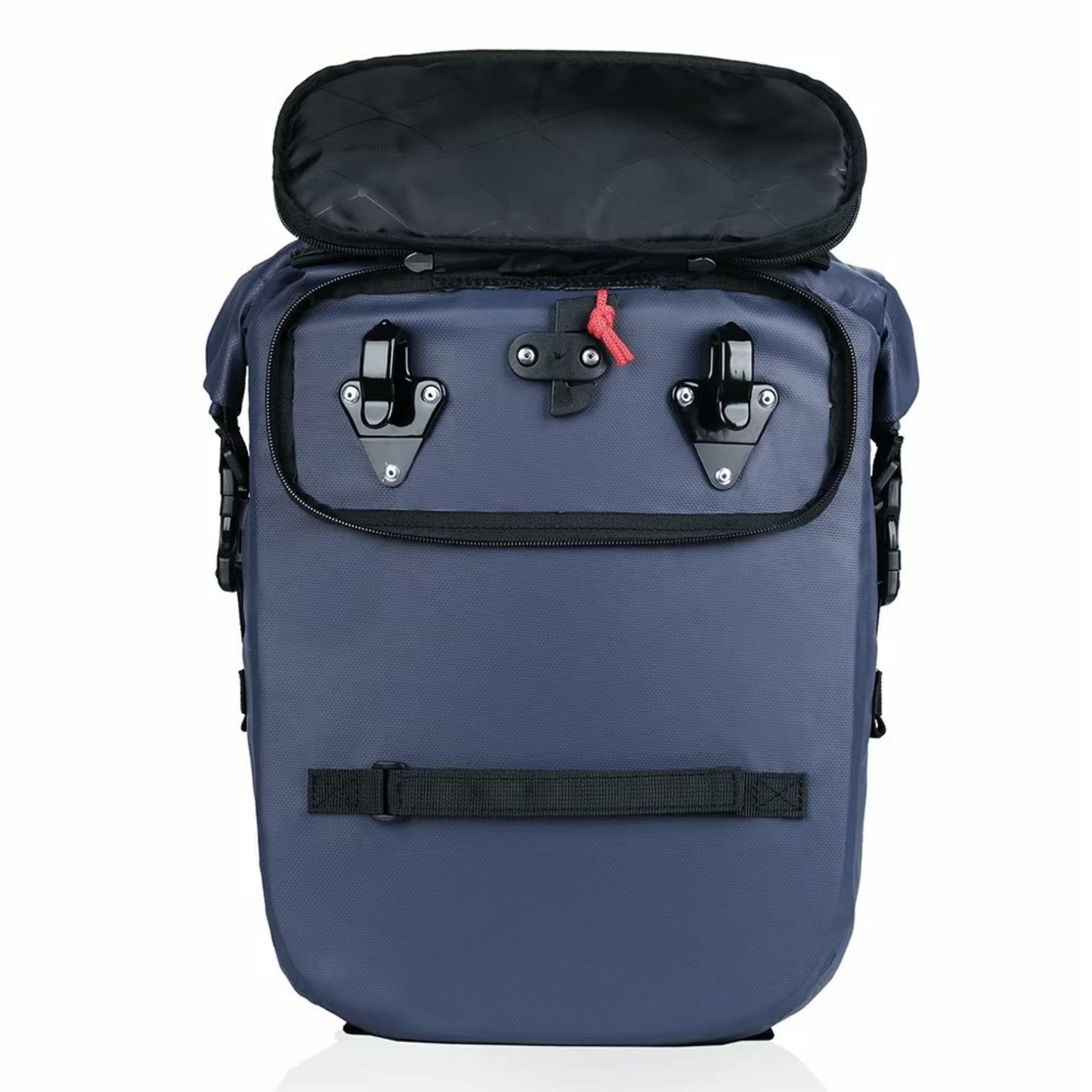 Rhinowalk Fahrradtasche 20L: Detailansicht der Befestigungshaken und des Verriegelungsmechanismus.