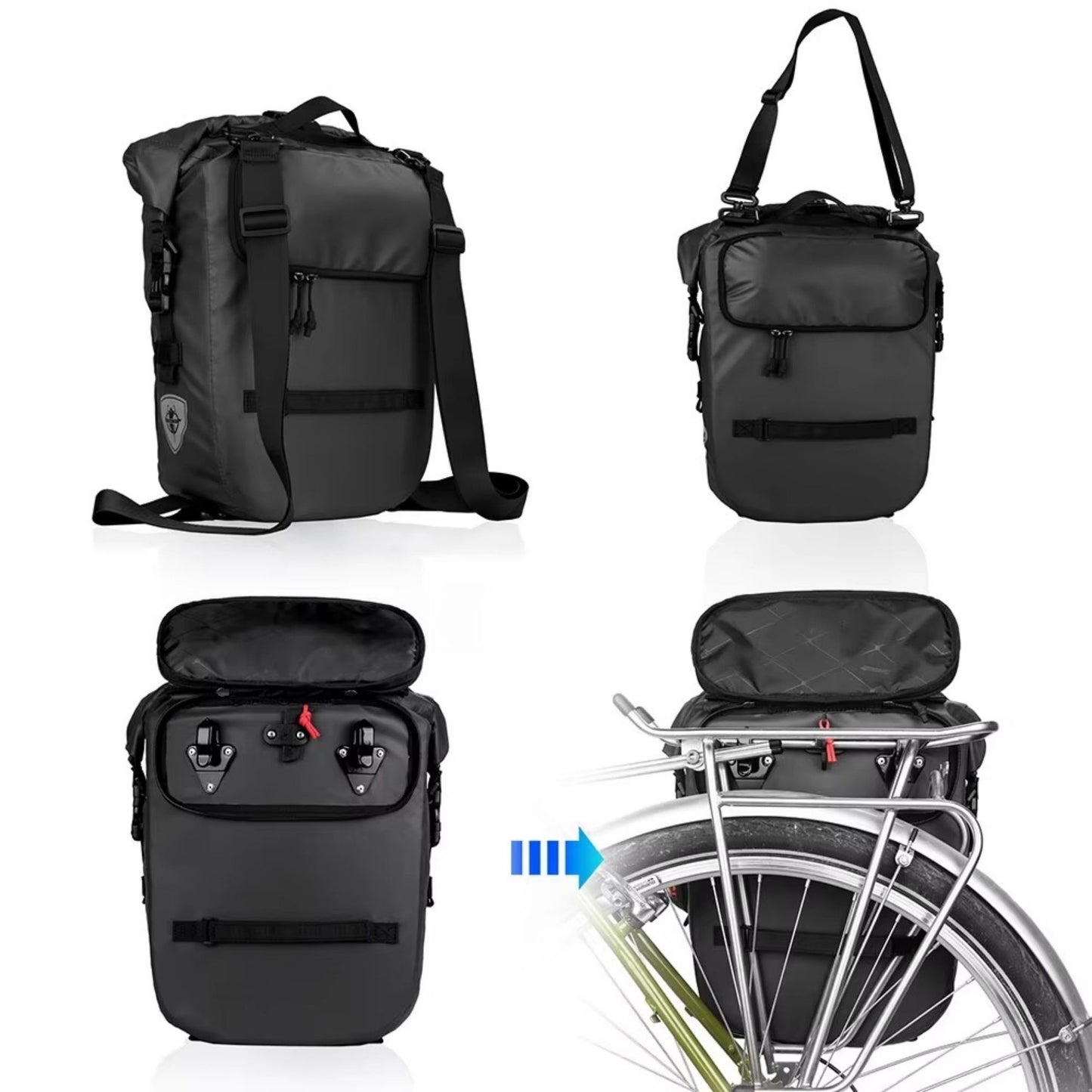 Rhinowalk Fahrradtasche 20L: Übersicht der Funktionen und wie am Gepäckträger befestigt.